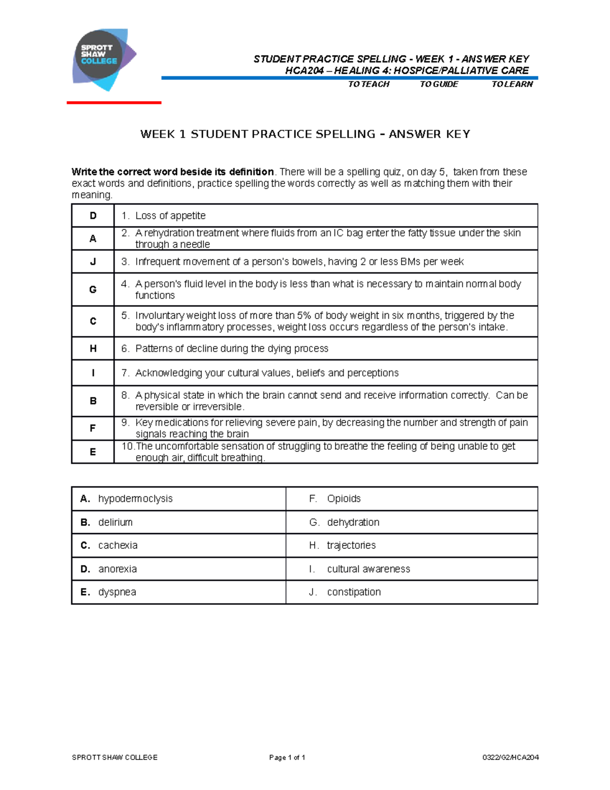 HCA204 - Student Practice Spelling - Week 1 - Key - Mar2022 - STUDENT ...
