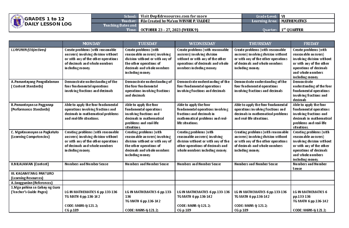 DLL Mathematics 6 Q1 W9 - dll - GRADES 1 to 12 DAILY LESSON LOG School ...