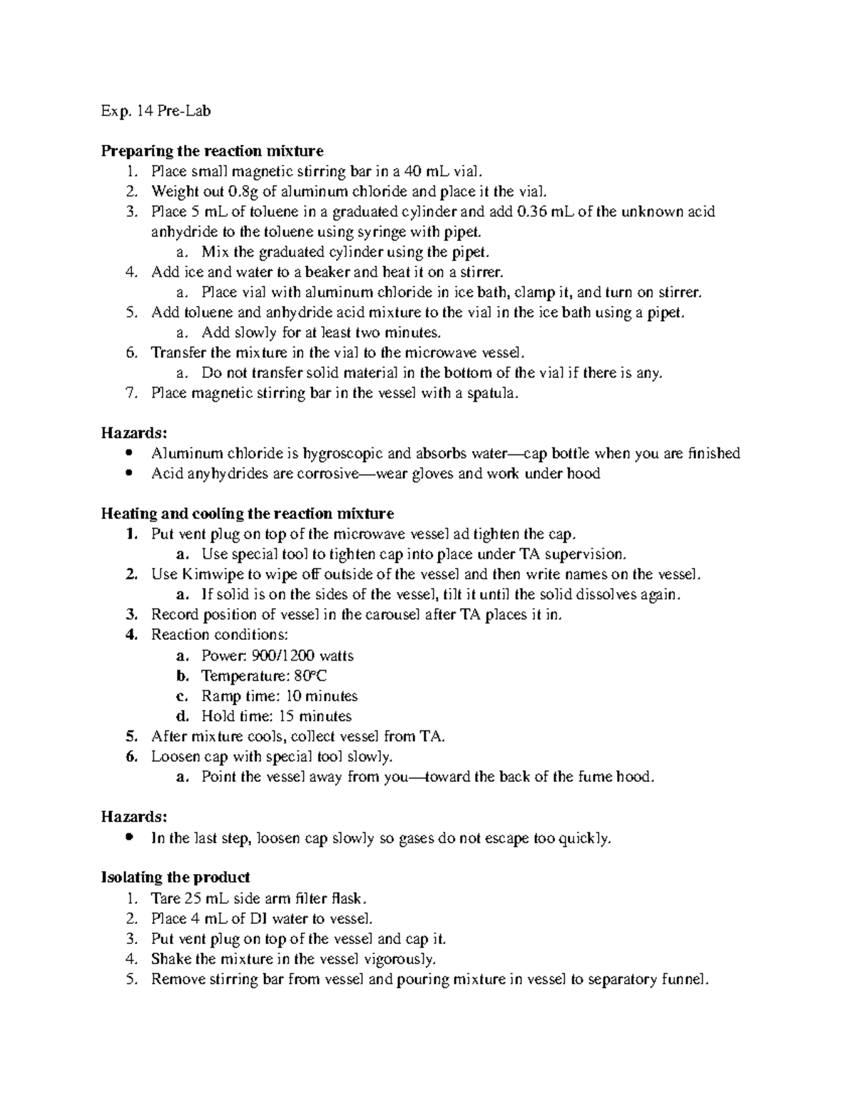 Orgo Exp 14 pre lab - Exp. 14 Pre-Lab Preparing the reaction mixture 1 ...