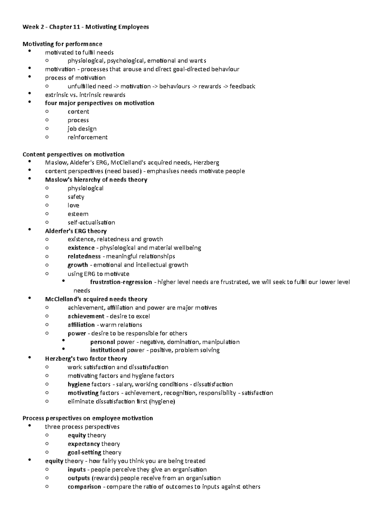 Week 2 Lecture Notes - Week 2 - Chapter 11 - Motivating Employees ...