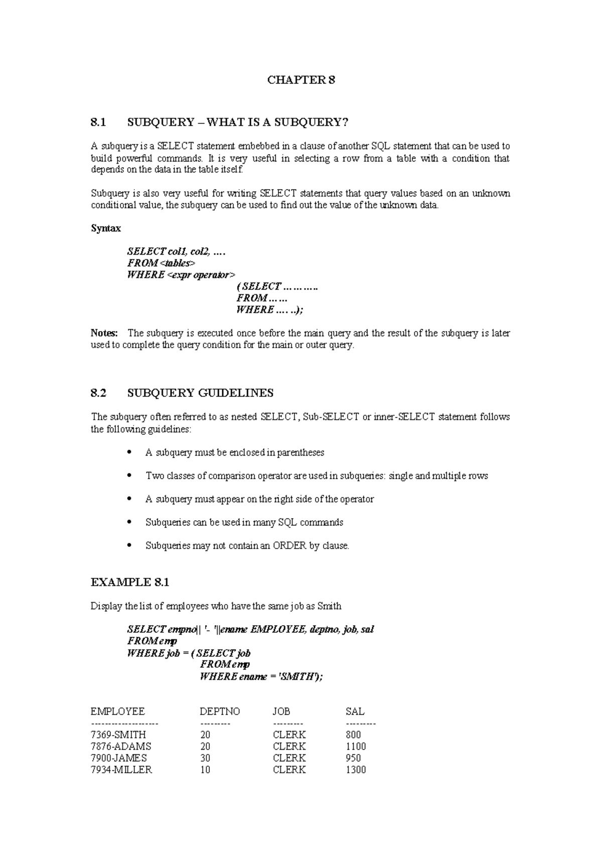 Practical Exercise 8 - Notes, chapter 8 - CHAPTER 8 8 SUBQUERY – WHAT ...
