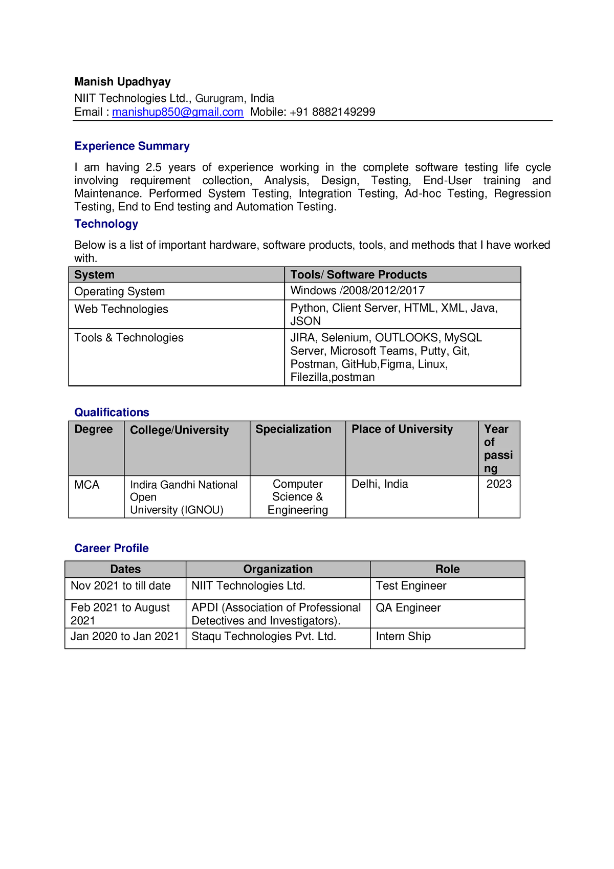 Resume-Manish - North - Manish Upadhyay NIIT Technologies Ltd ...