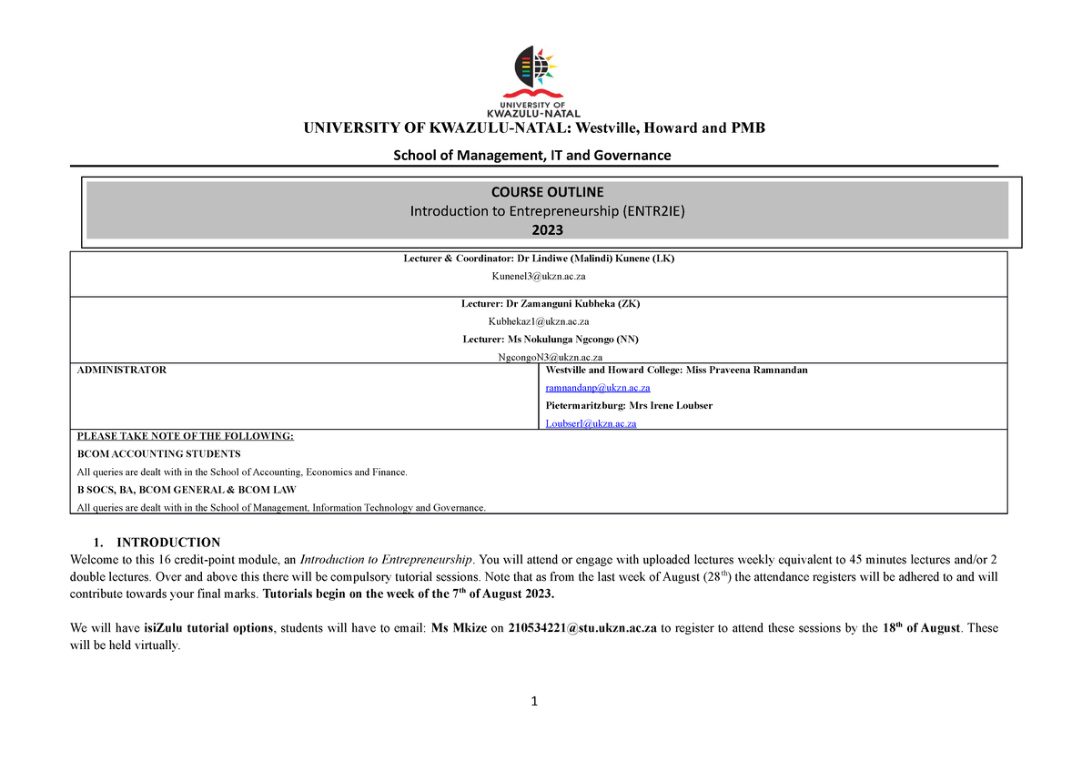 ENTR2IE Course Outline 2023 - UNIVERSITY OF KWAZULU-NATAL: Westville ...