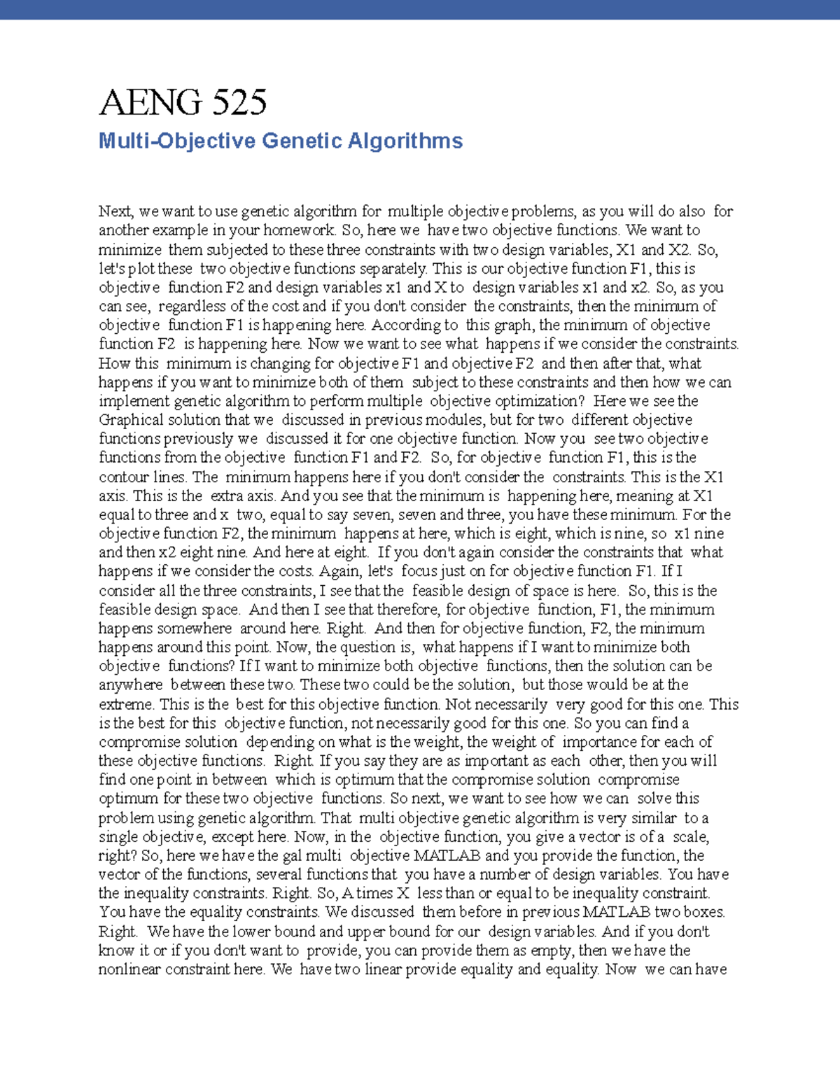 Multi-Objective Genetic Algorithms - AENG 525 Multi-Objective Genetic ...
