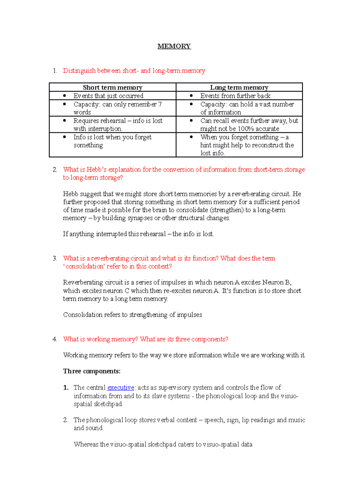Week 10 - Memory and Language - MEMORY 1. Distinguish between short ...