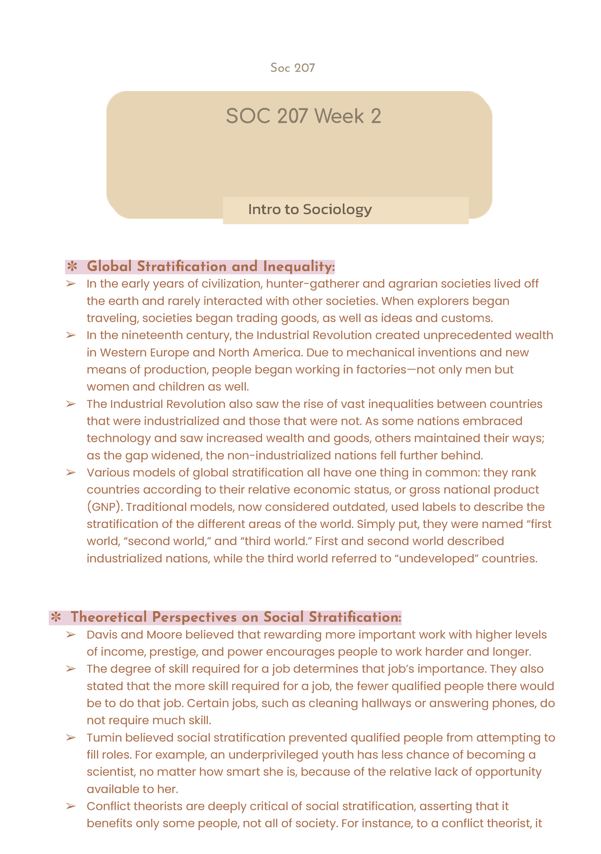 Sociology Week 2 Global Stratification Notes - Soc 207 SOC 207 Week 2 ...