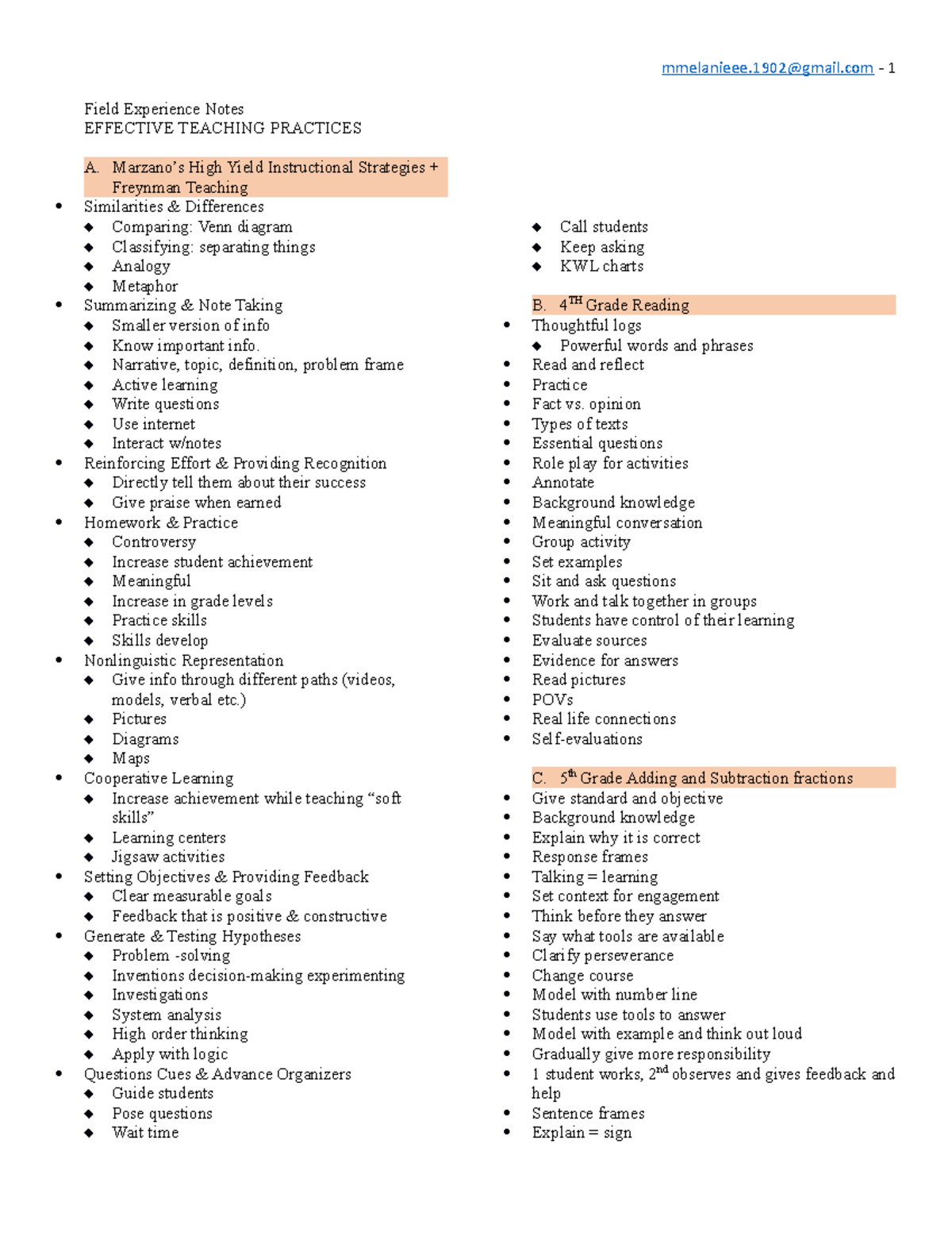 Field Experience Notes - Field Experience Notes EFFECTIVE TEACHING ...