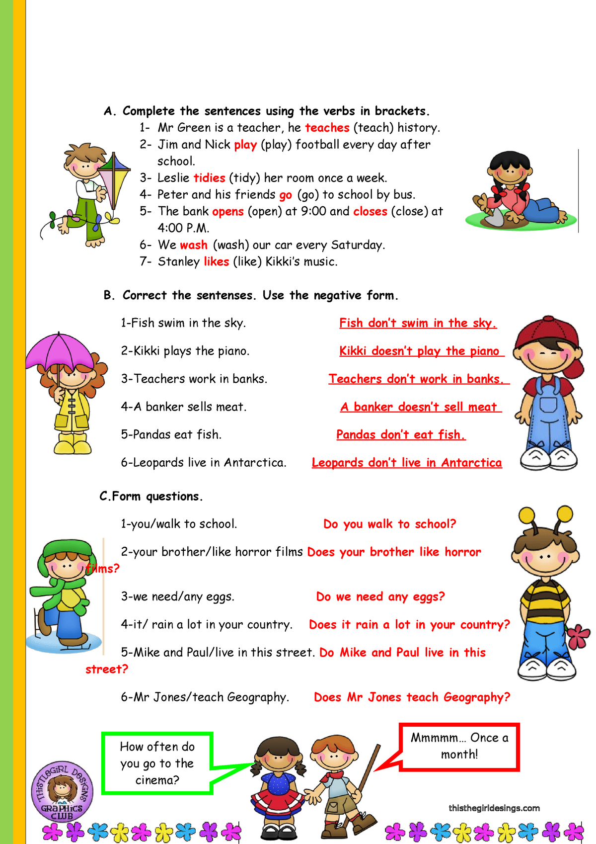 Present Simple Practice A Complete The Sentences Using The Verbs In 