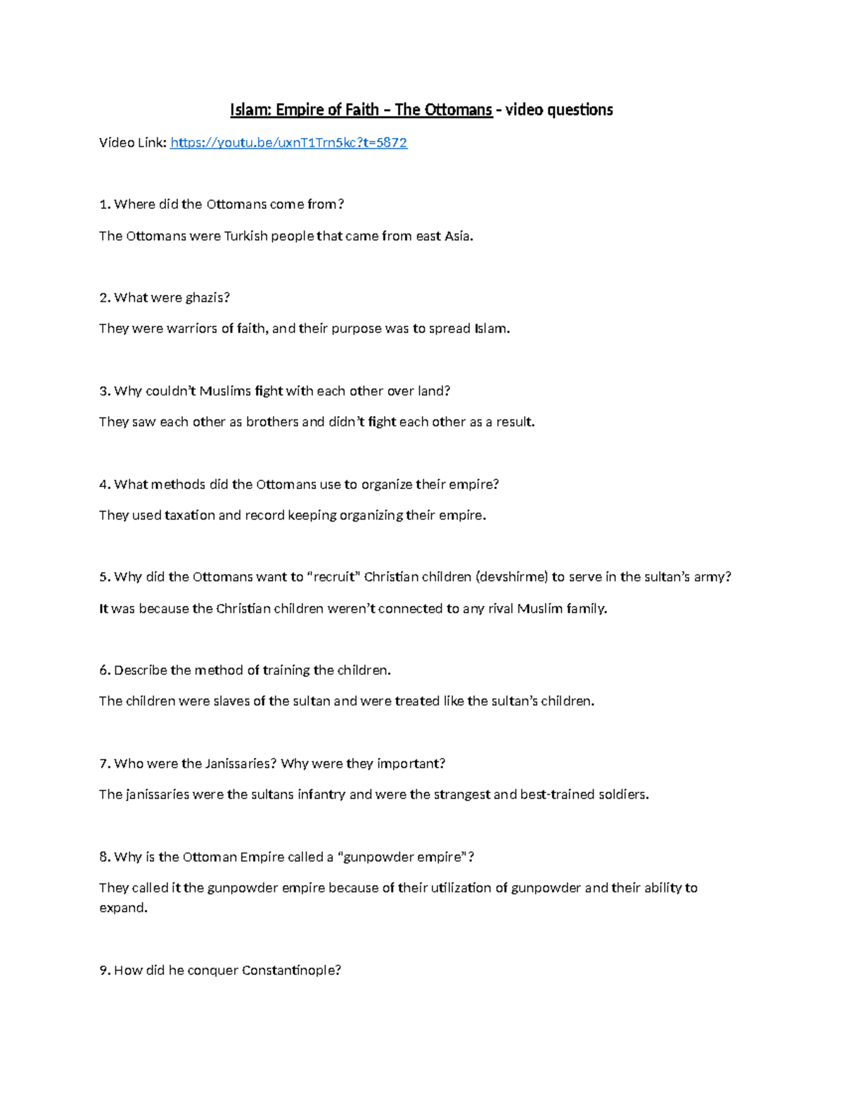 Unit 3 answer Islam Empire of Faith The Ottomans video