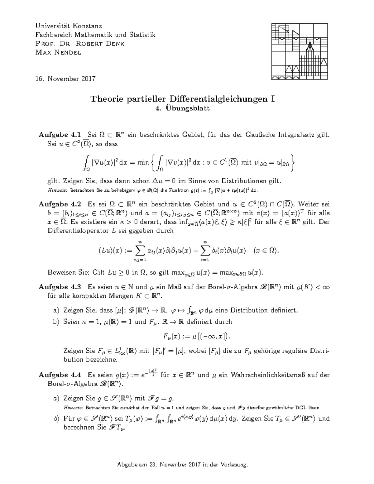 Tpdgl 1 Blatt 04 Questions Universit At Konstanz Fachbereich Mathematik Und Statistik Prof Dr Robert Denk Max Nendel Qq 16 November 17 Theorie Partieller Studocu