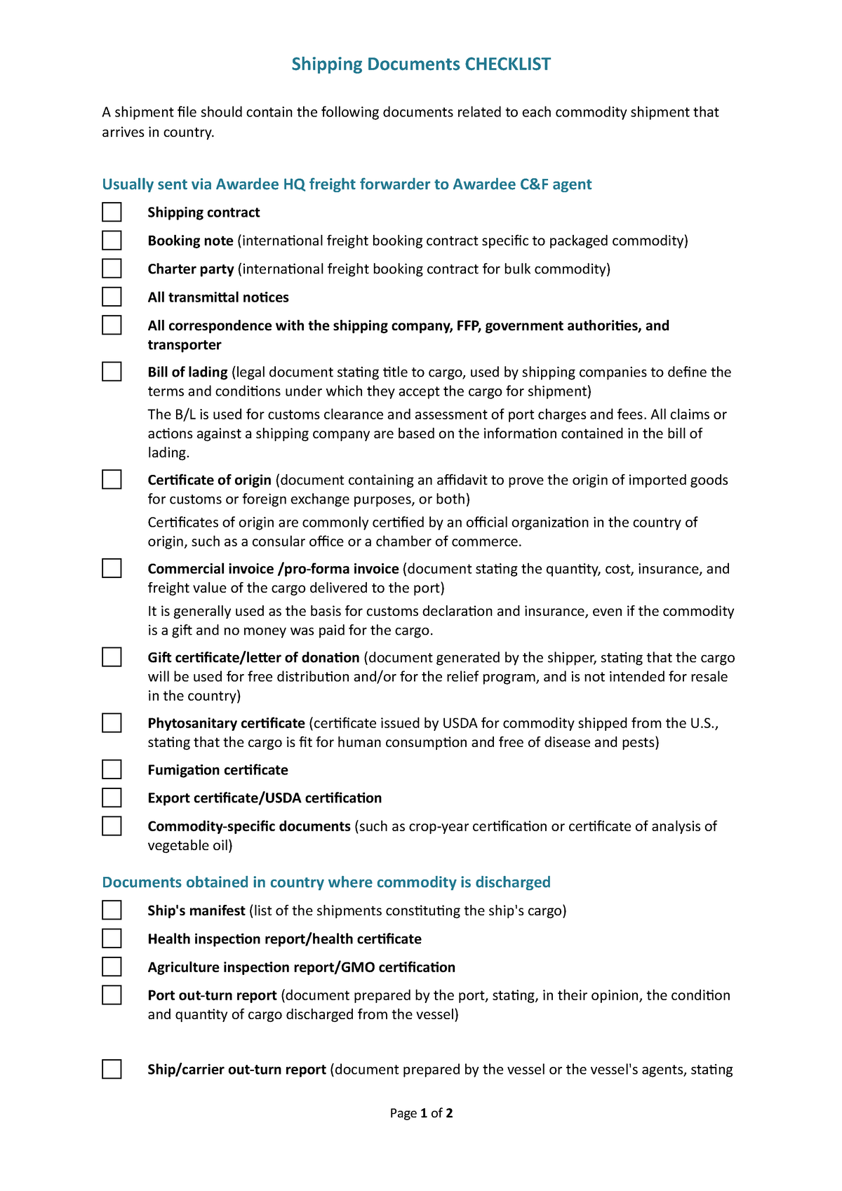 DOCUMENTATION IN SHIPPING - Shipping Documents CHECKLIST A Shipment ...