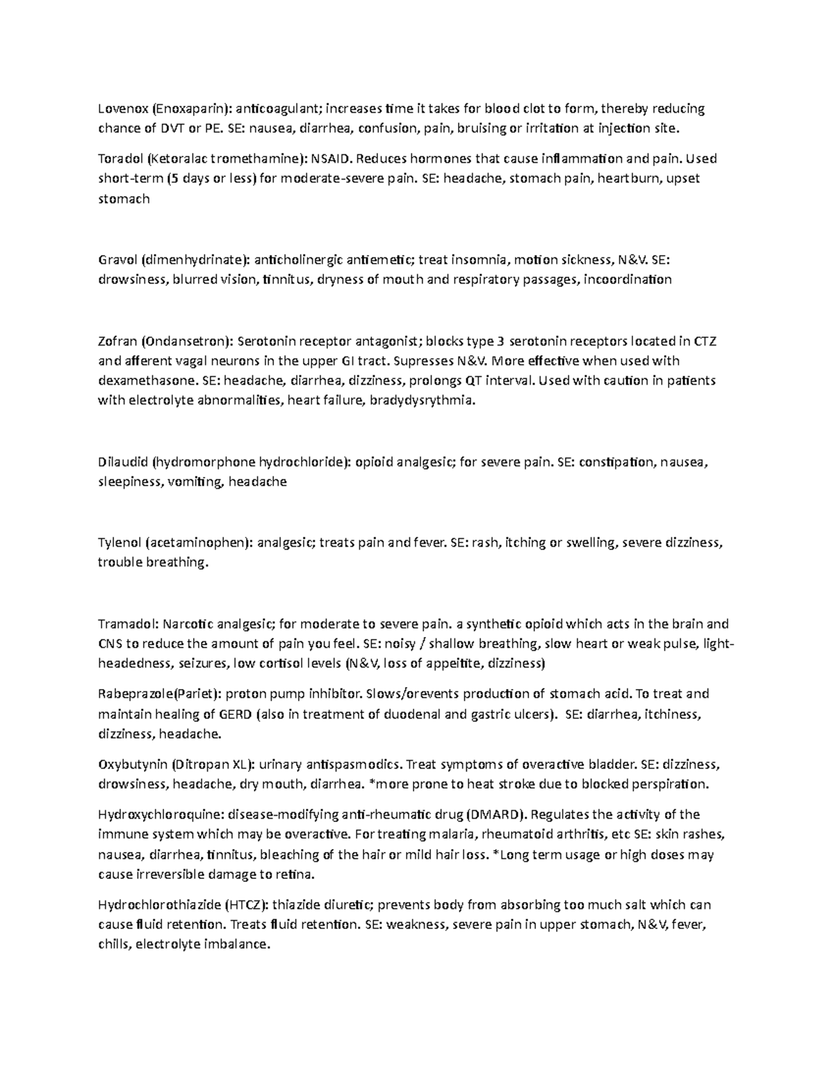 Meds L and D common meds and side effects Lovenox (Enoxaparin