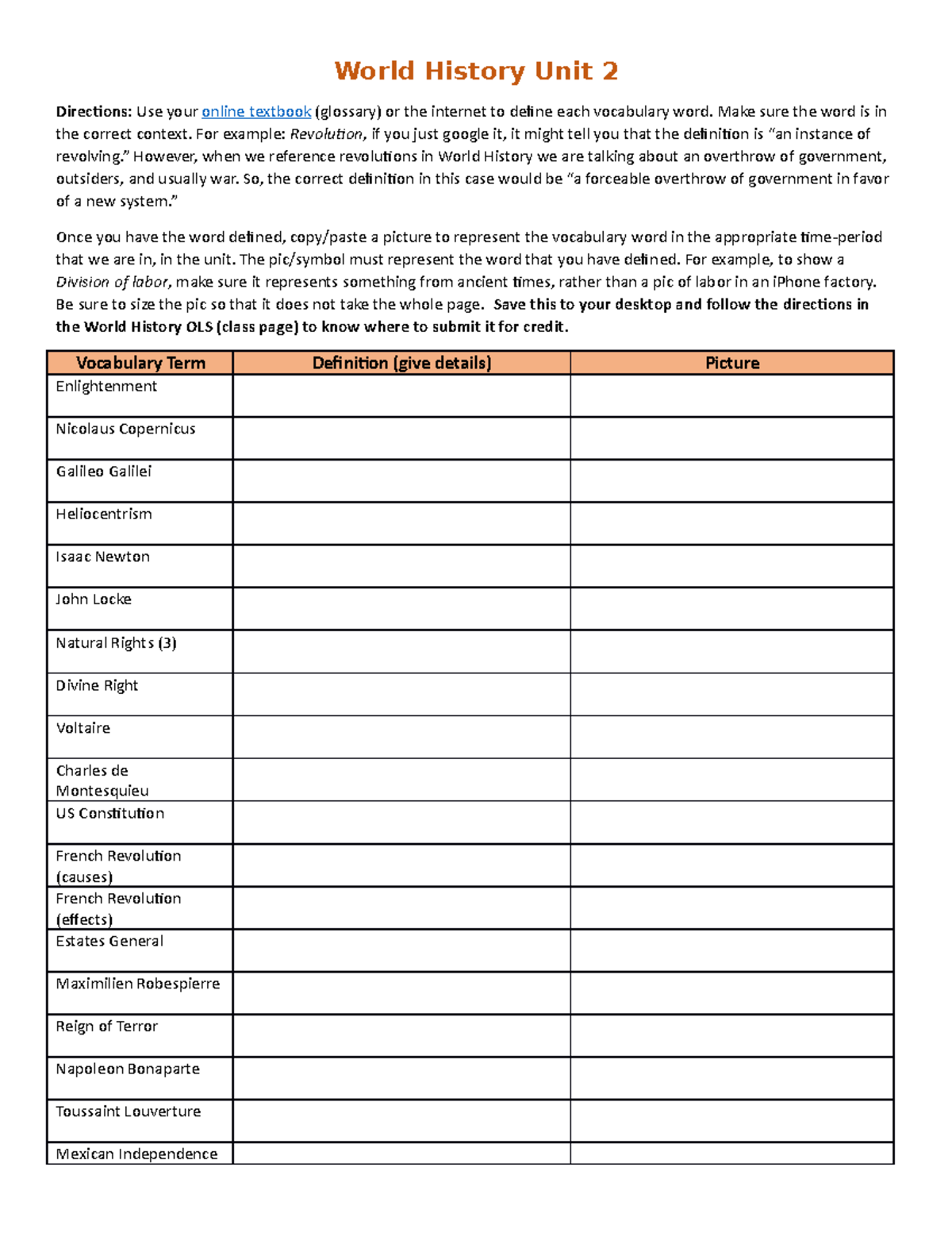 WH Unit 2 vocab Spring 2022 2023 - World History Unit 2 Directions: Use ...