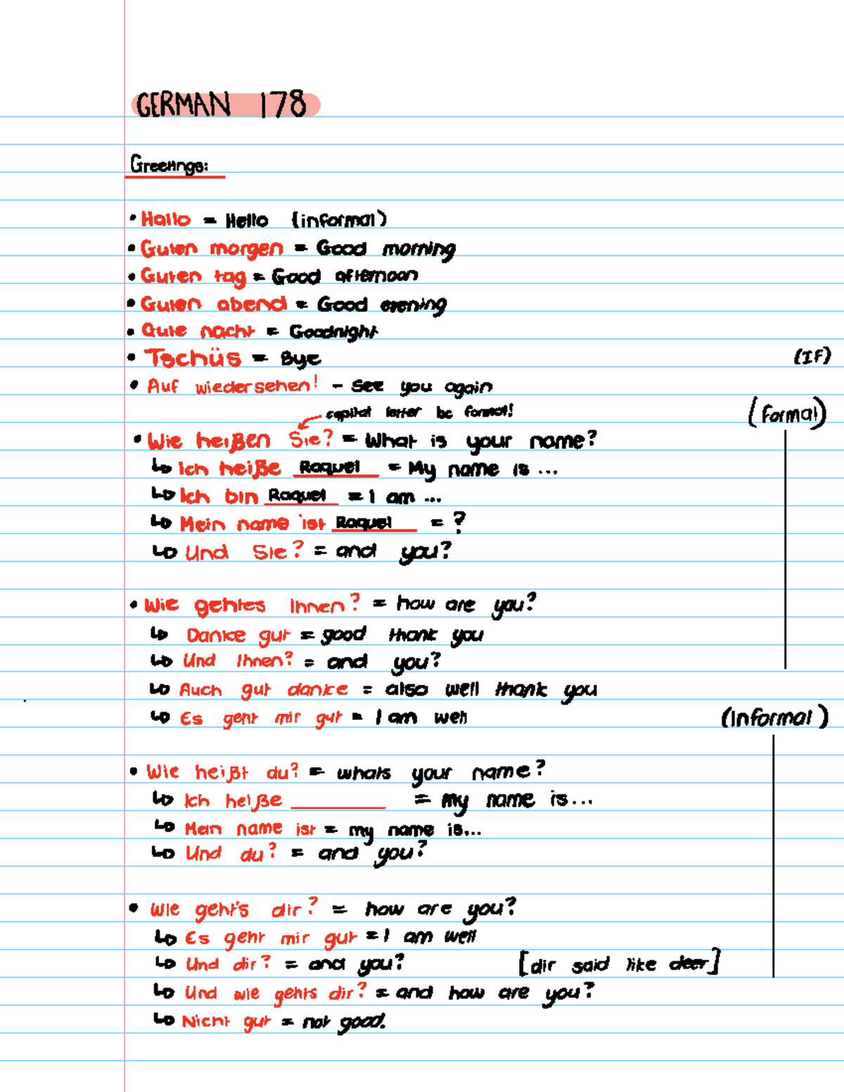 German 178 Class Notes - GERMAN 178 Greetings Hallo Hello informal ...