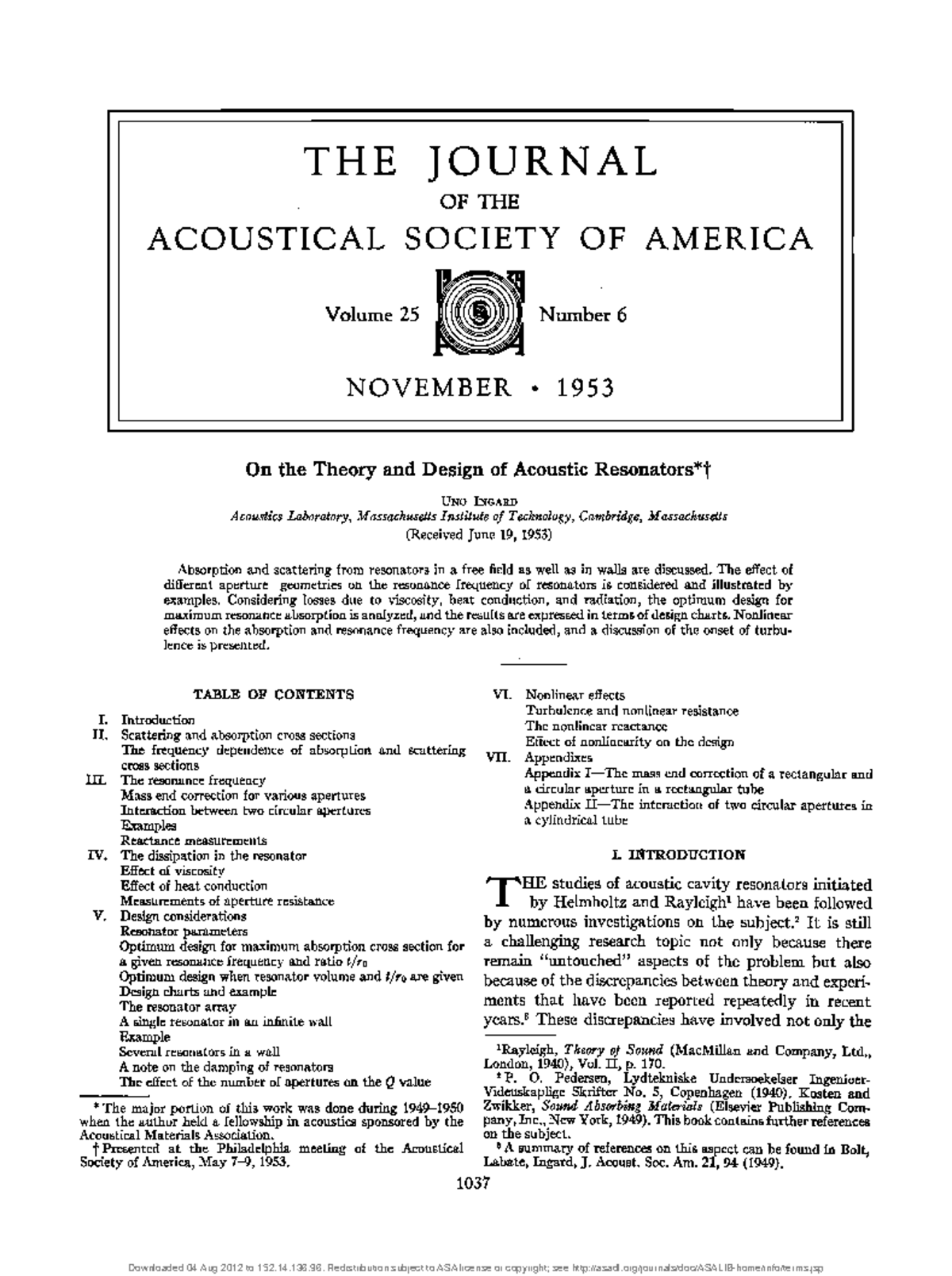 On the Theory and Design of Acoustic Resonators THE ACOUSTICAL JOURNAL OF THE SOCIETY OF