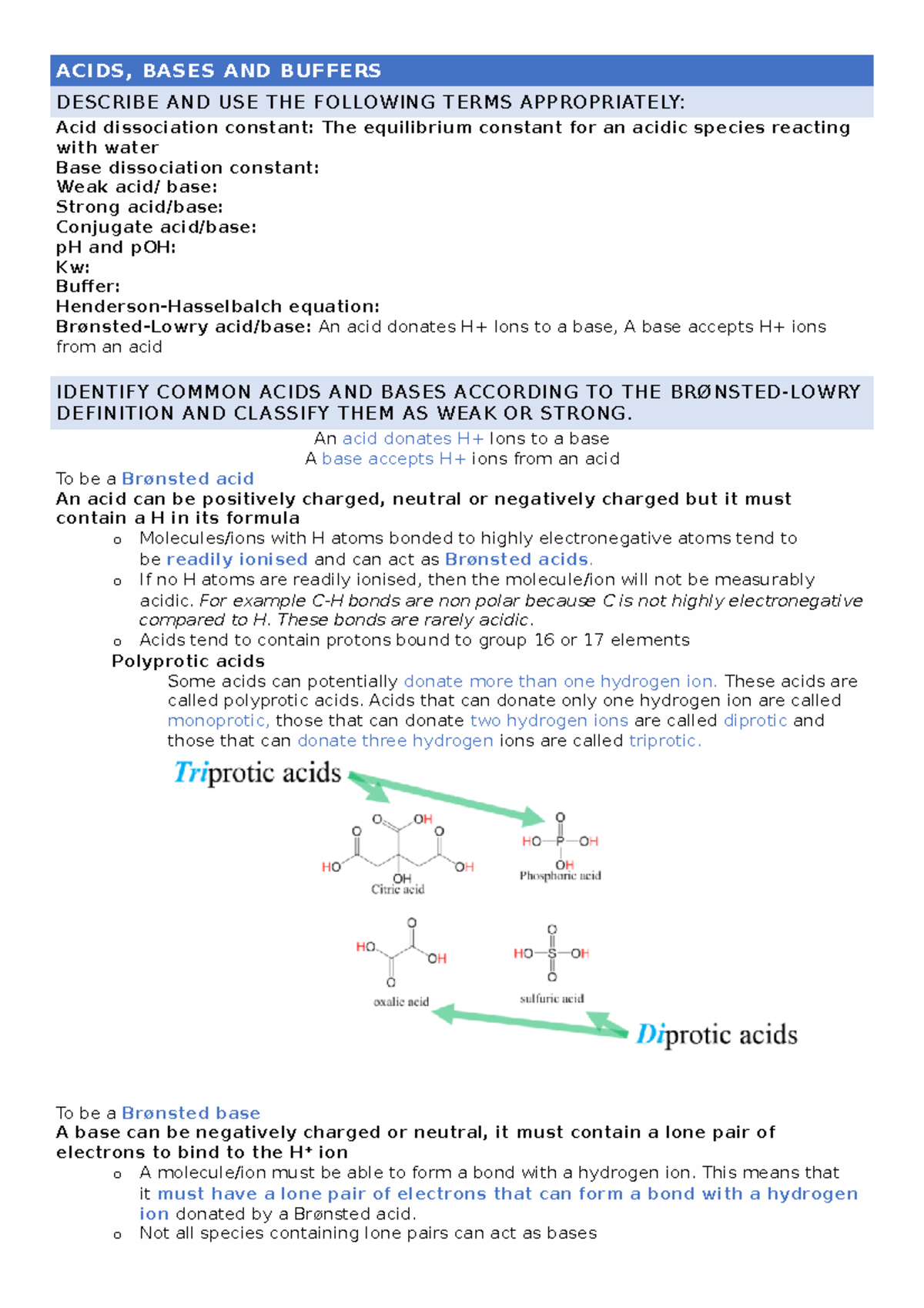 Acids and Buffes - CHEM 1011 - Lecture notes - ACIDS, BASES AND BUFFERS ...