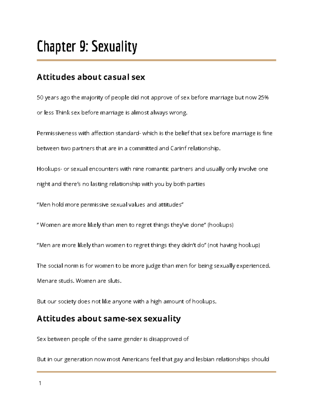 Ch. 9 Notes - Based on the book - Chapter 9: Sexuality Attitudes about casual  sex 50 years ago the - Studocu