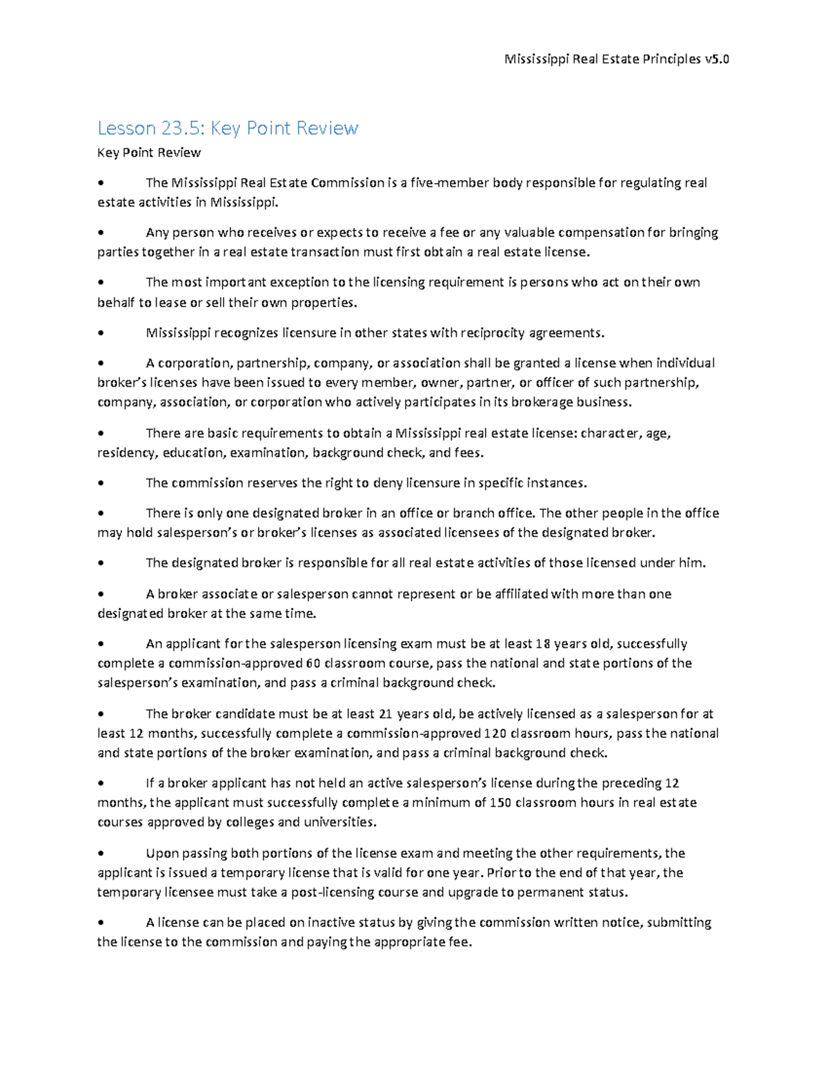 Chapter 22 Review Mississippi Real Estate Principles v5. Lesson 23
