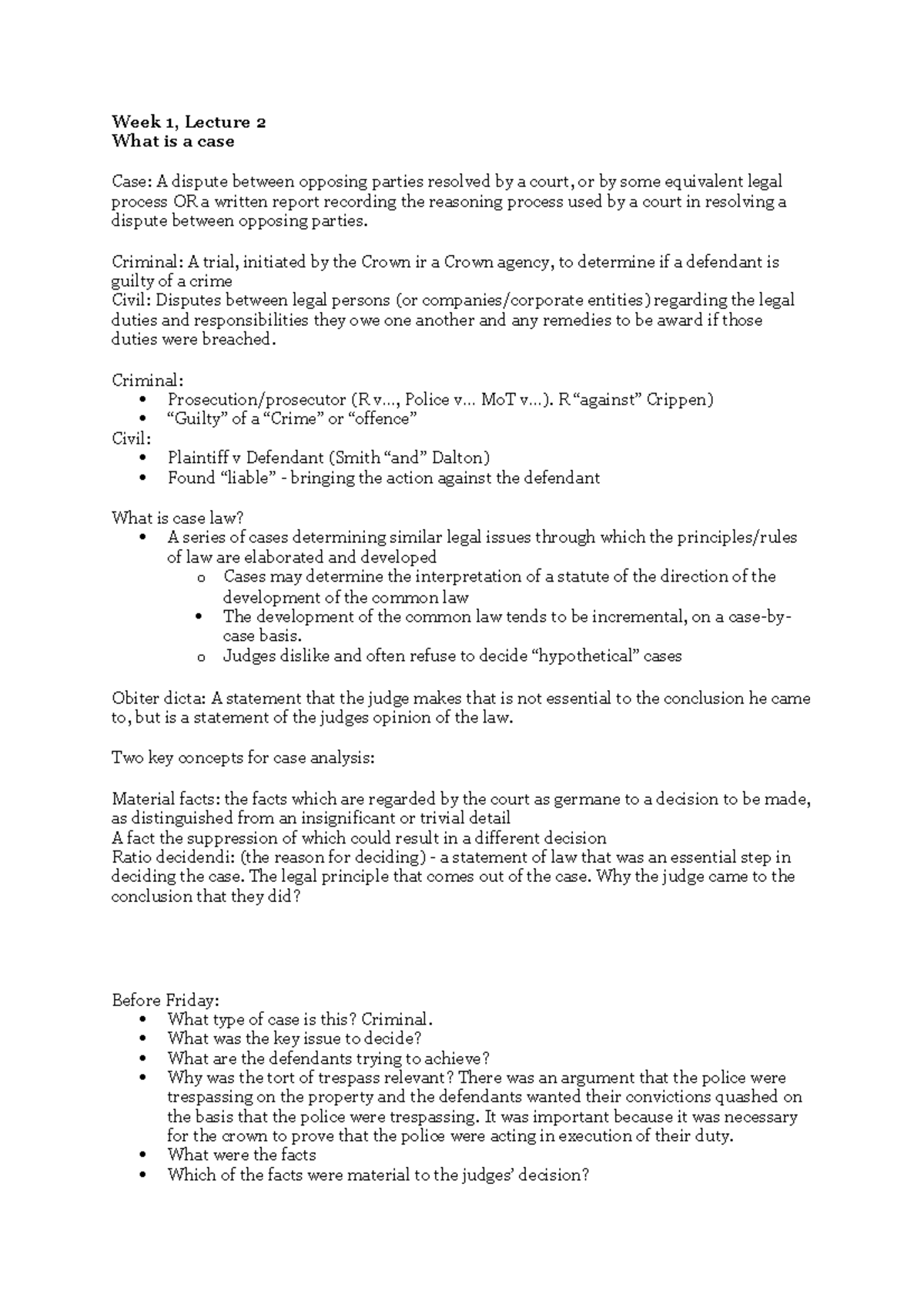 Trespass Lectures Lecture Notes 1 15 Week 1 Lecture 2 What Is A Case Case A Dispute 6563