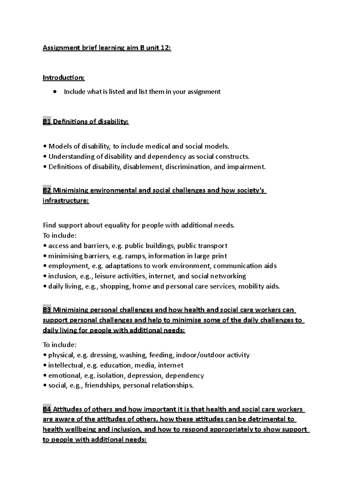 Assignment Brief Learning Aim B Unit 12 - Understanding Of Disability ...