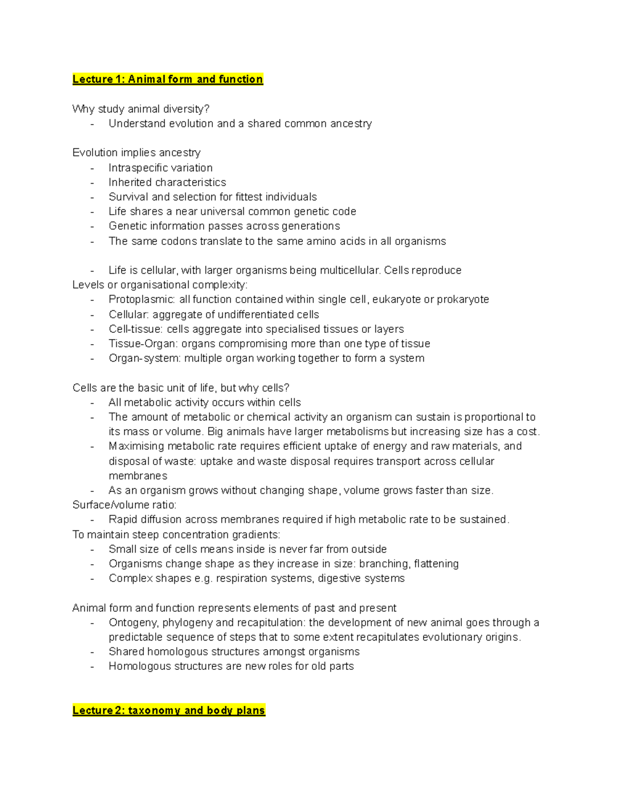 Zoology exam notes - Lecture 1: Animal form and function Why study ...