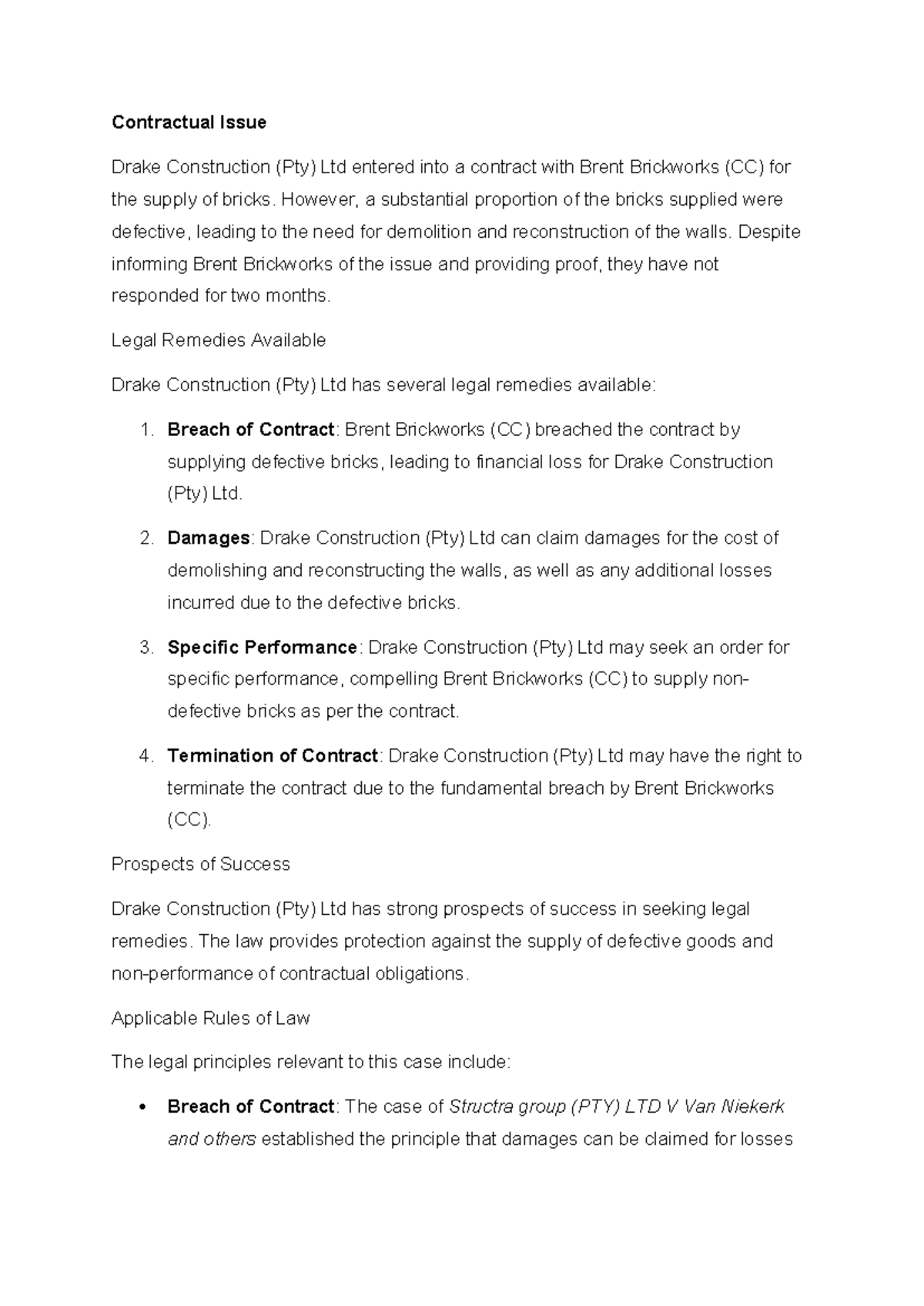 Contract Law Assignment - Contractual Issue Drake Construction (Pty ...