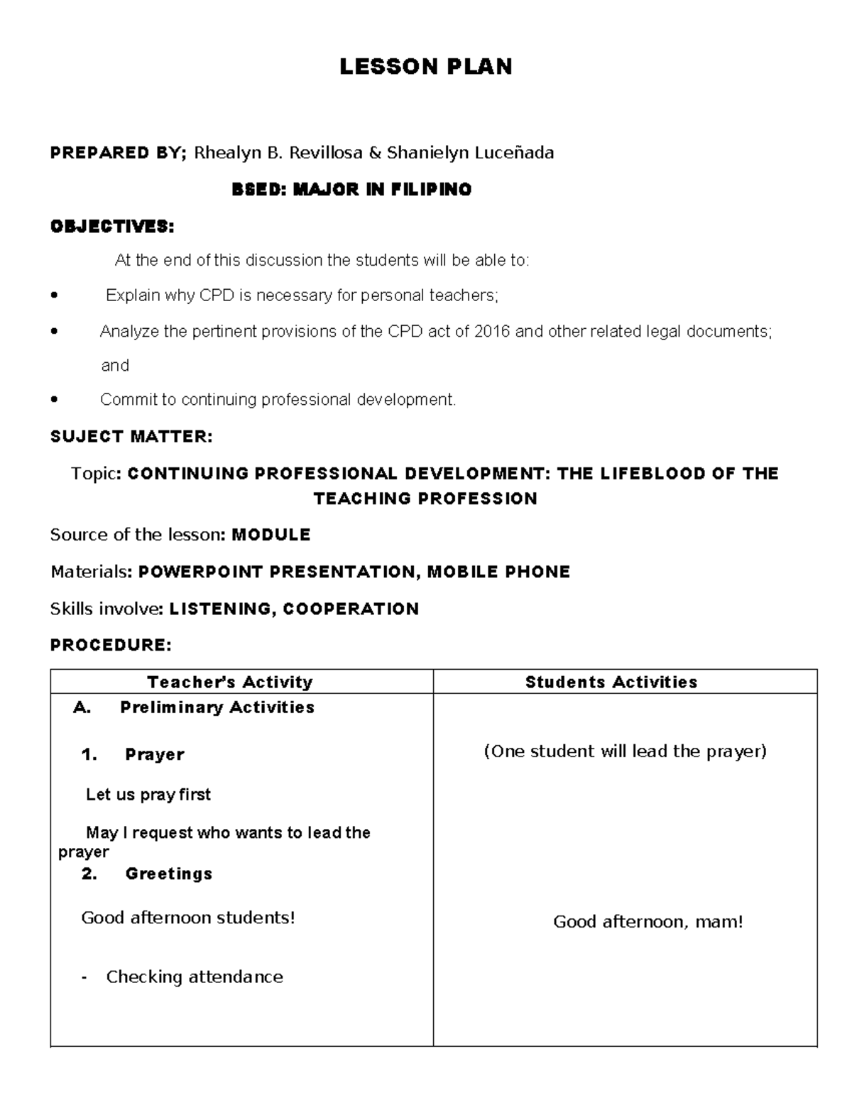 Lesson PLAN CPD Module 14 - LESSON PLAN PREPARED BY; Rhealyn B ...