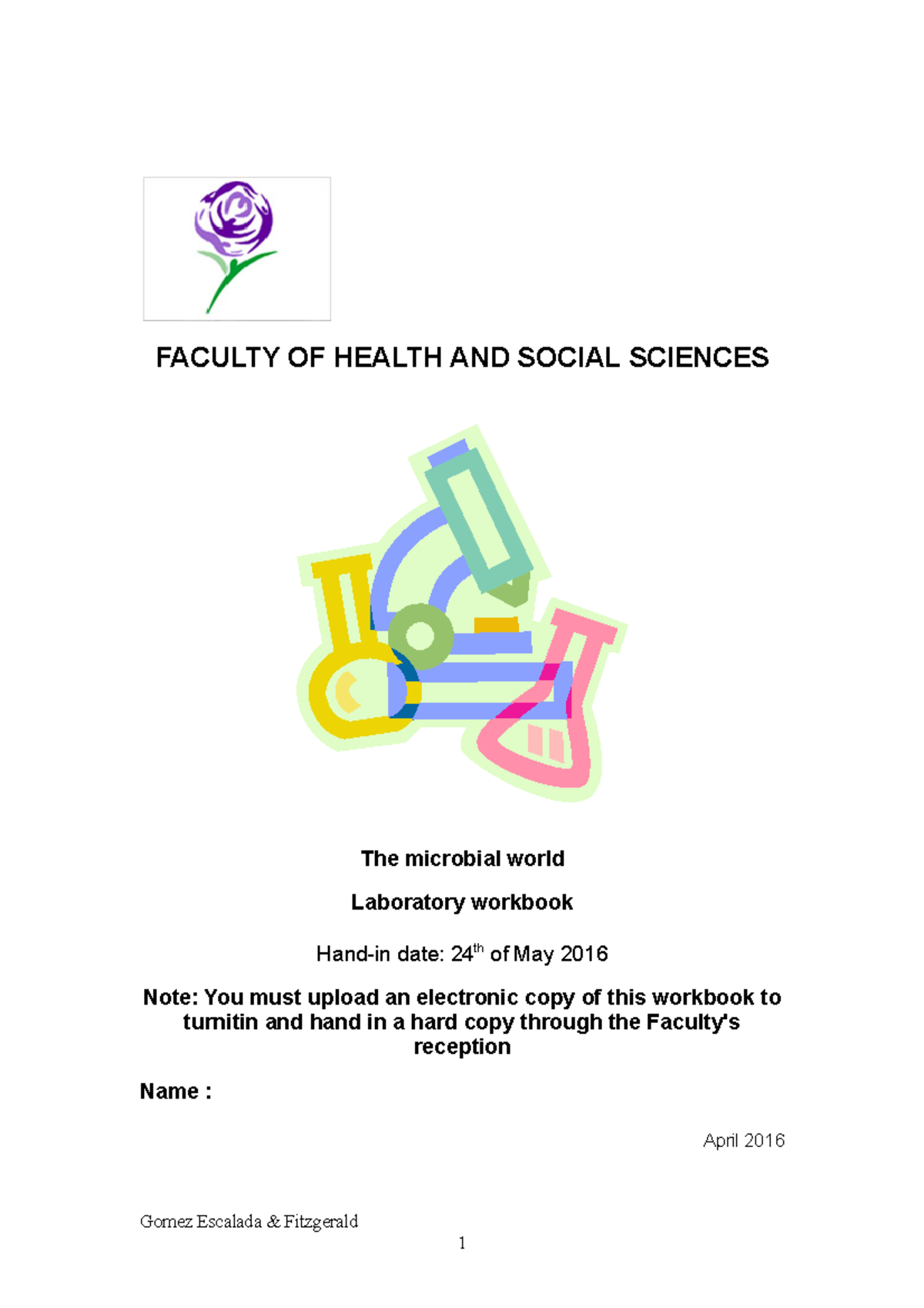laboratory workbook - FACULTY OF HEALTH AND SOCIAL SCIENCES The ...