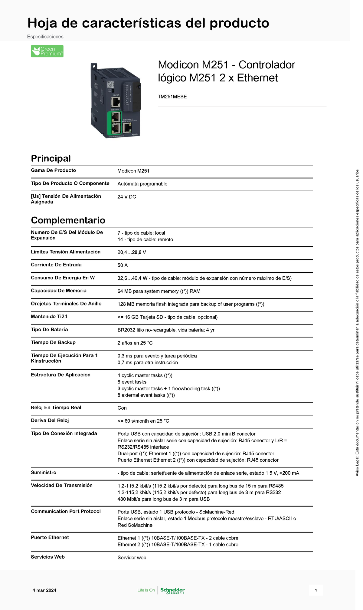 Schneider Electric Modicon-M251 TM251MESE - Modicon M251 - Controlador ...