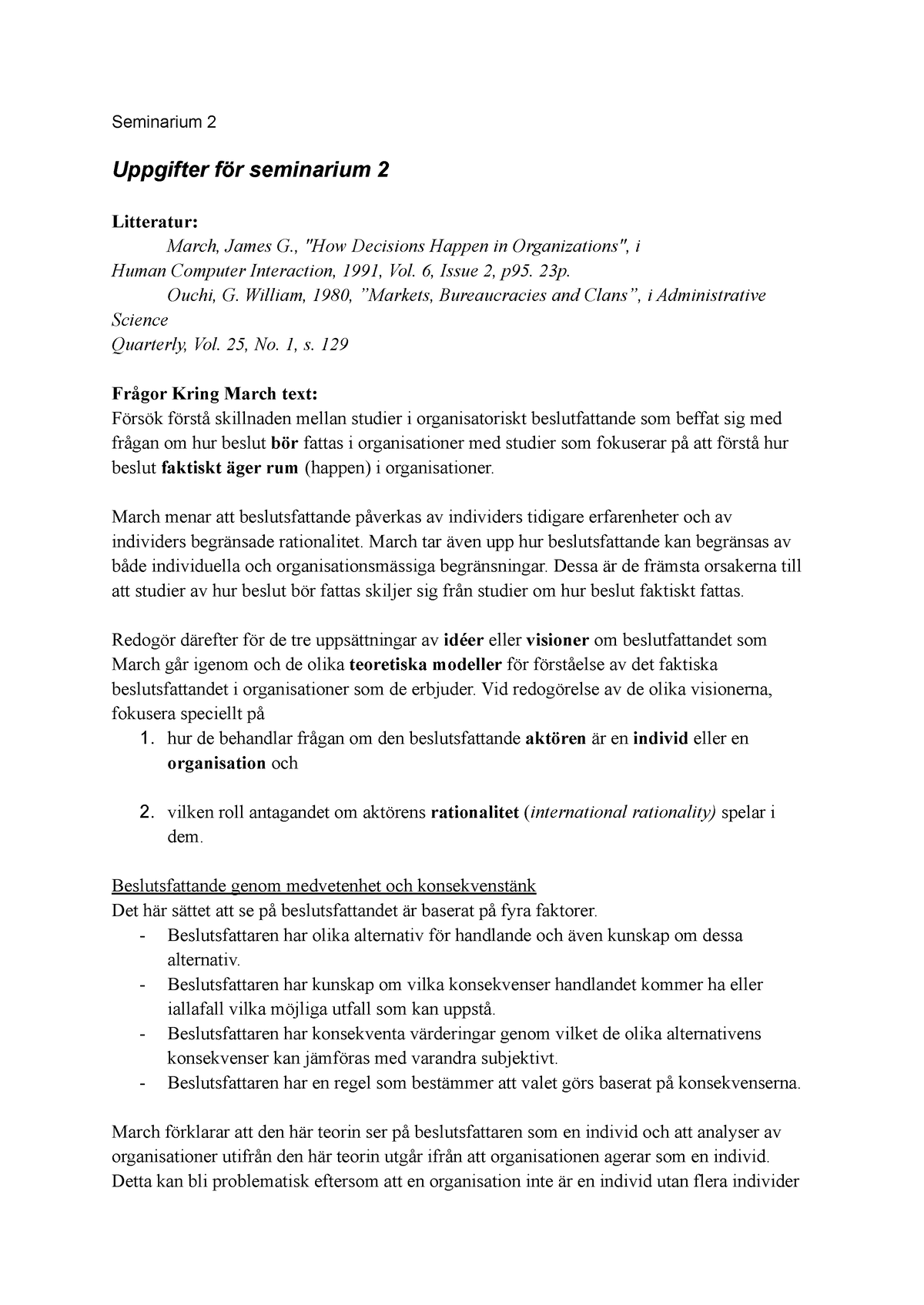 Seminarium 2 Organisationsteori - Seminarium 2 Uppgifter För Seminarium ...