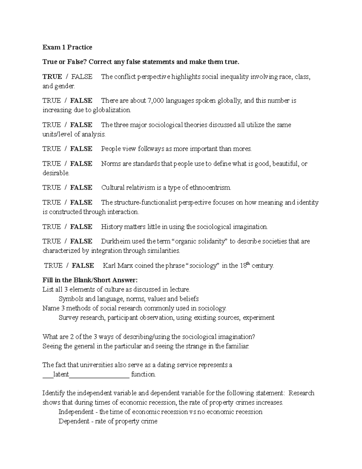 Exam 1 review sociology - Exam 1 Practice True or False? Correct any ...