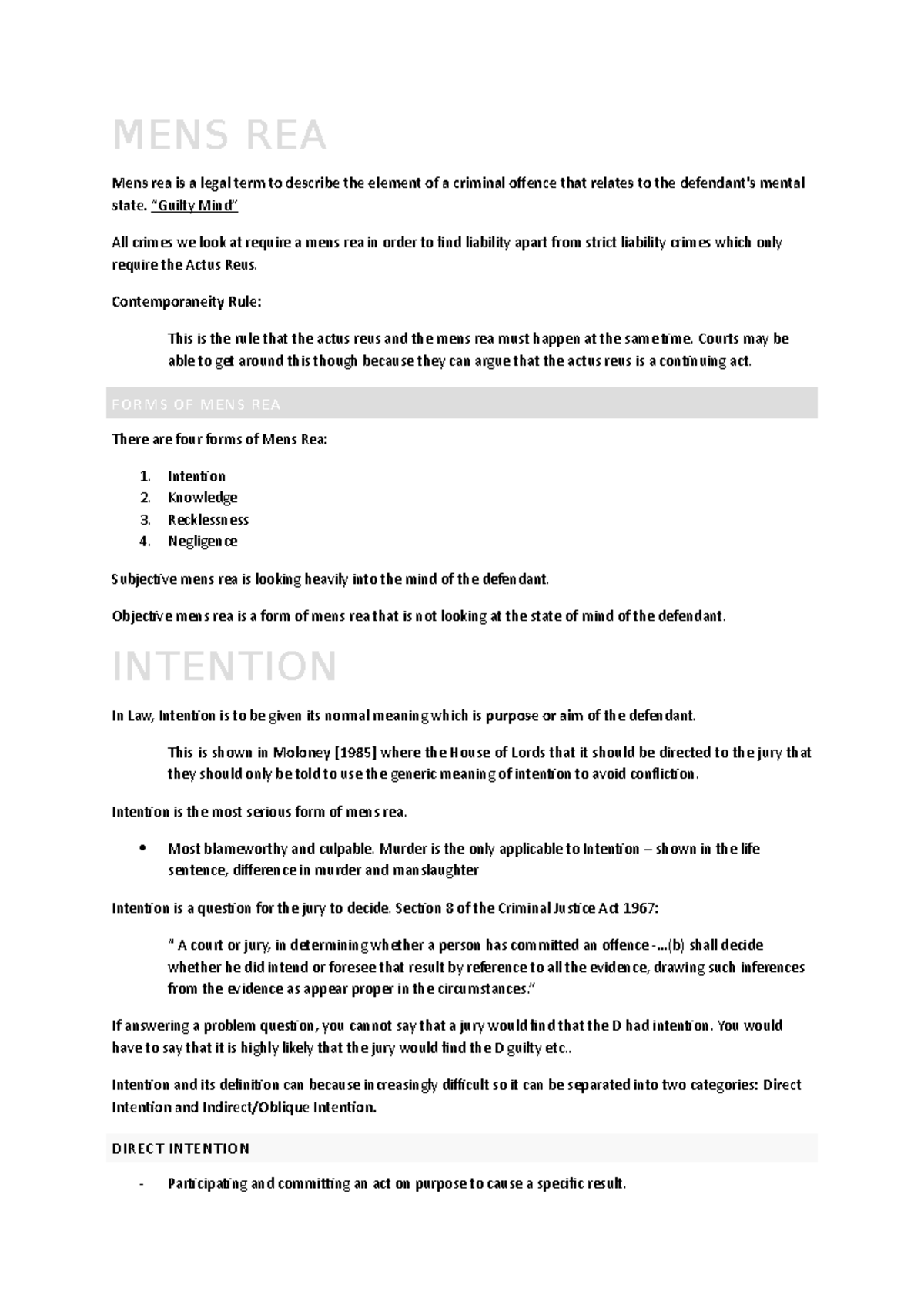 Mens Rea This documents explains the basics needed for a criminal law