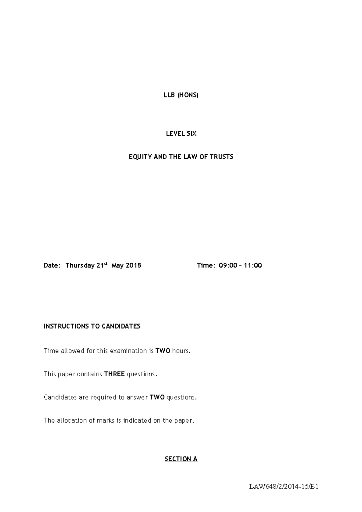 EXAM 2014, questions - LLB (HONS) LEVEL SIX EQUITY AND THE LAW OF ...