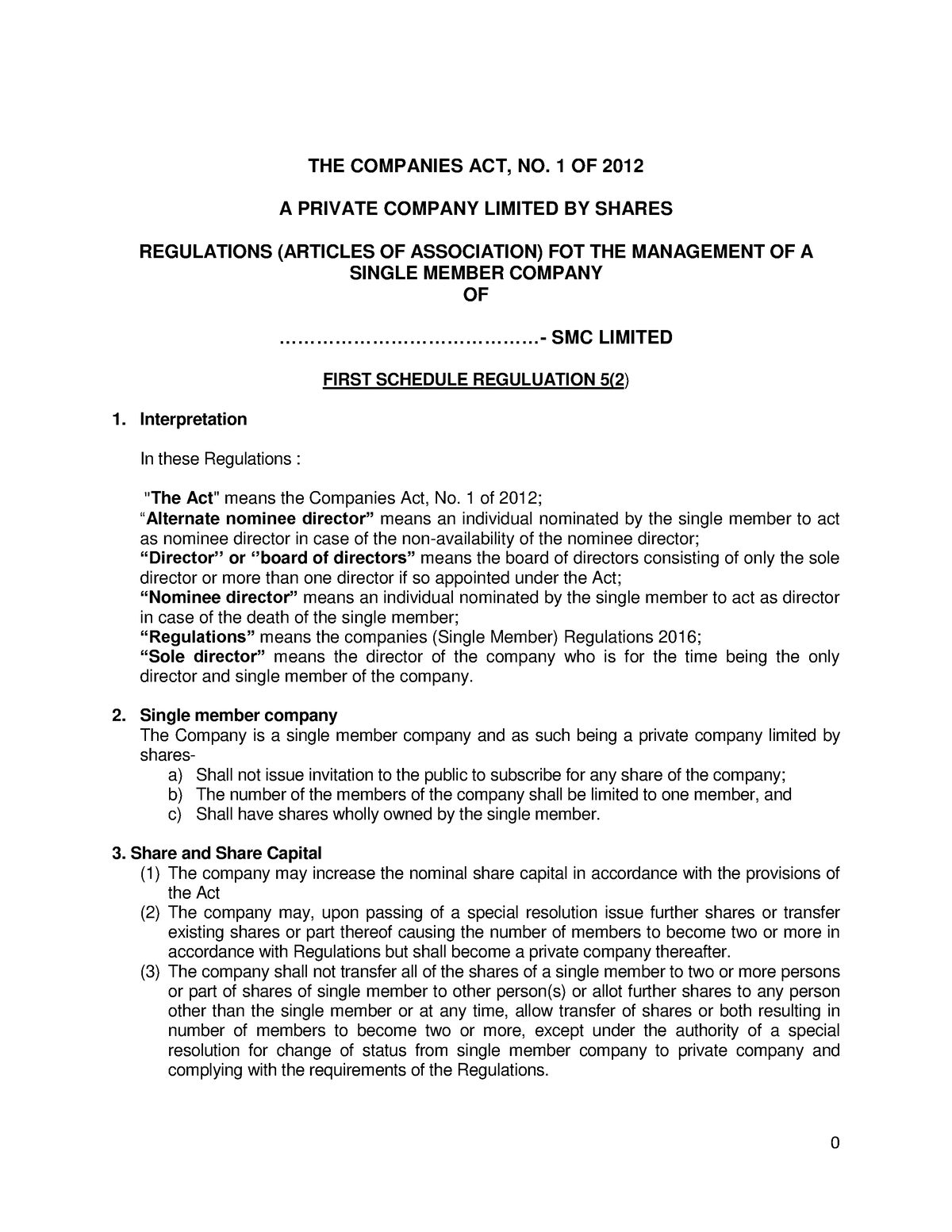 Single member company articles 1661926020 - THE COMPANIES ACT, NO. 1 OF ...