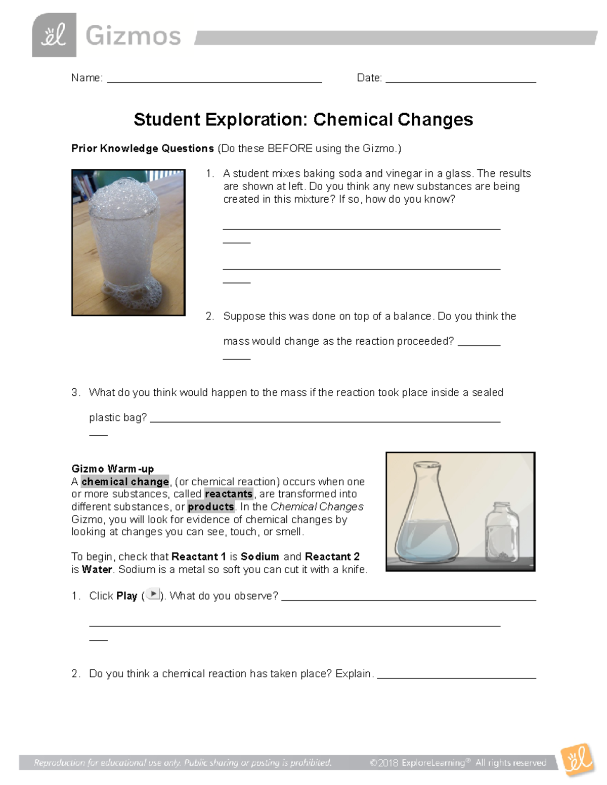 Gizmo student sheet-Chemical changes - Name: Date: Student Exploration ...