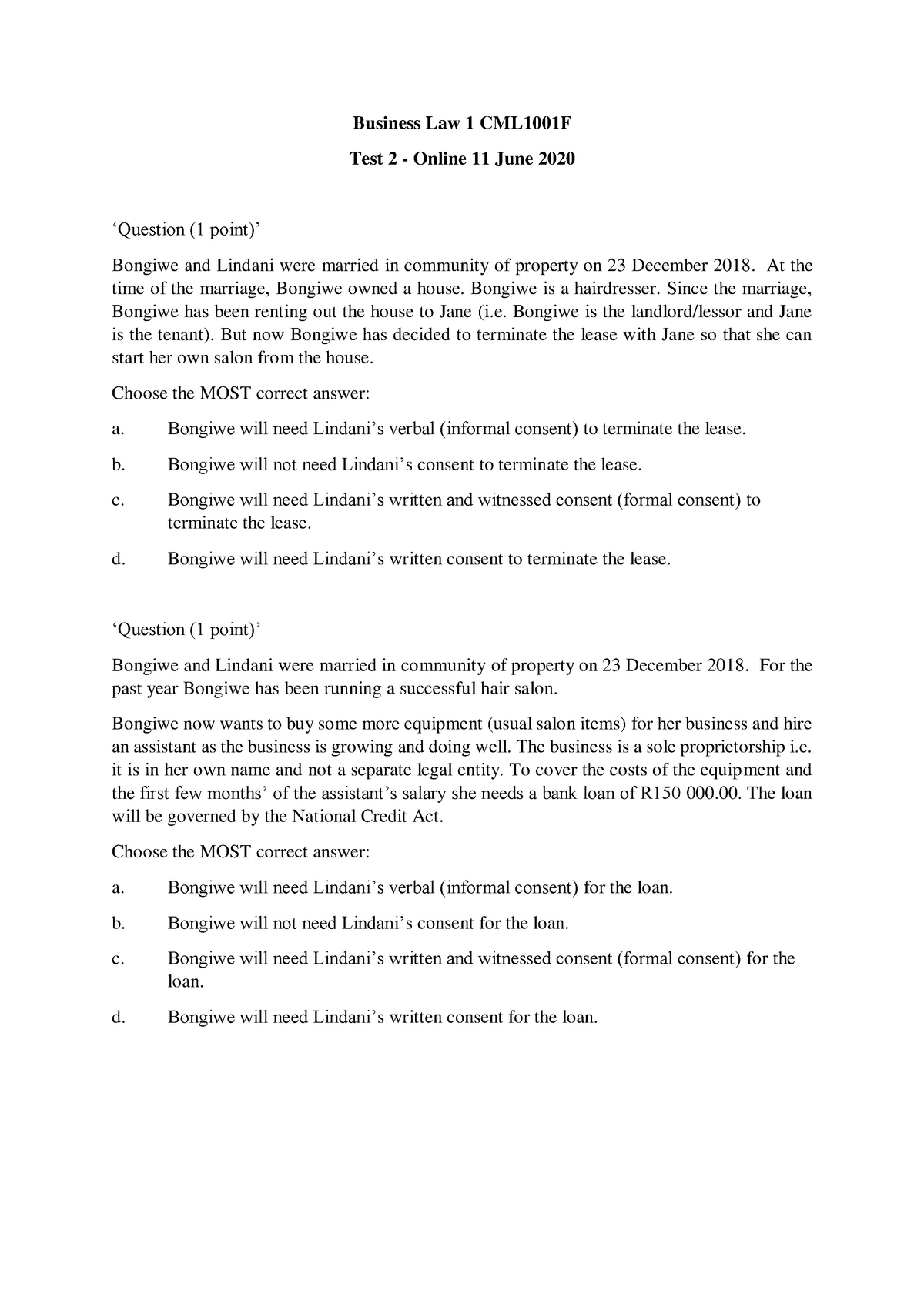 Test 2 2020 Final - Business Law Previous Years Test And Exam ...