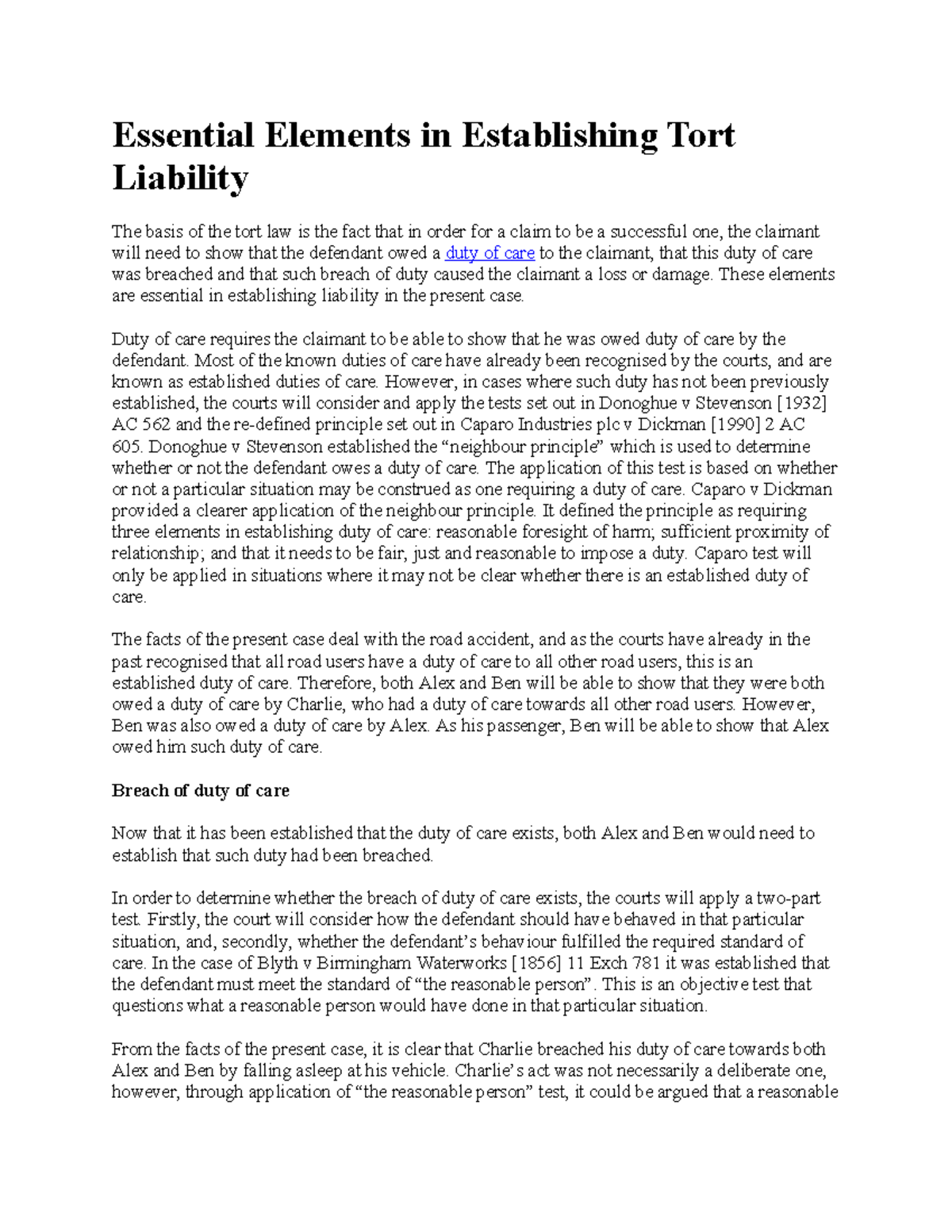Essential Elements in Establishing Tort Liability Essential Elements