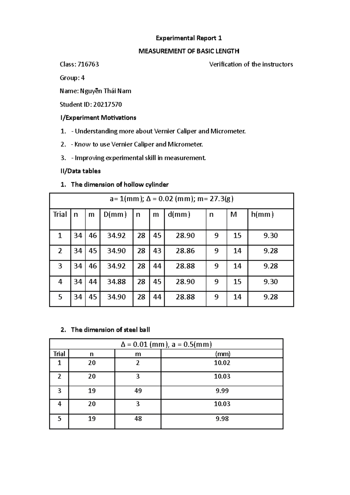 Experimental Report 1 Understanding more about Vernier Caliper and