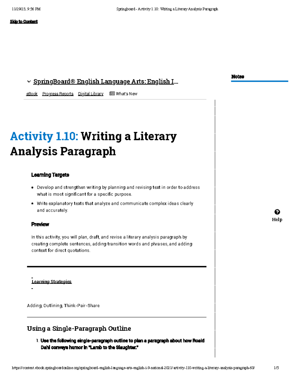 Springboard Activity 1.10 Writing a Literary Analysis Paragraph