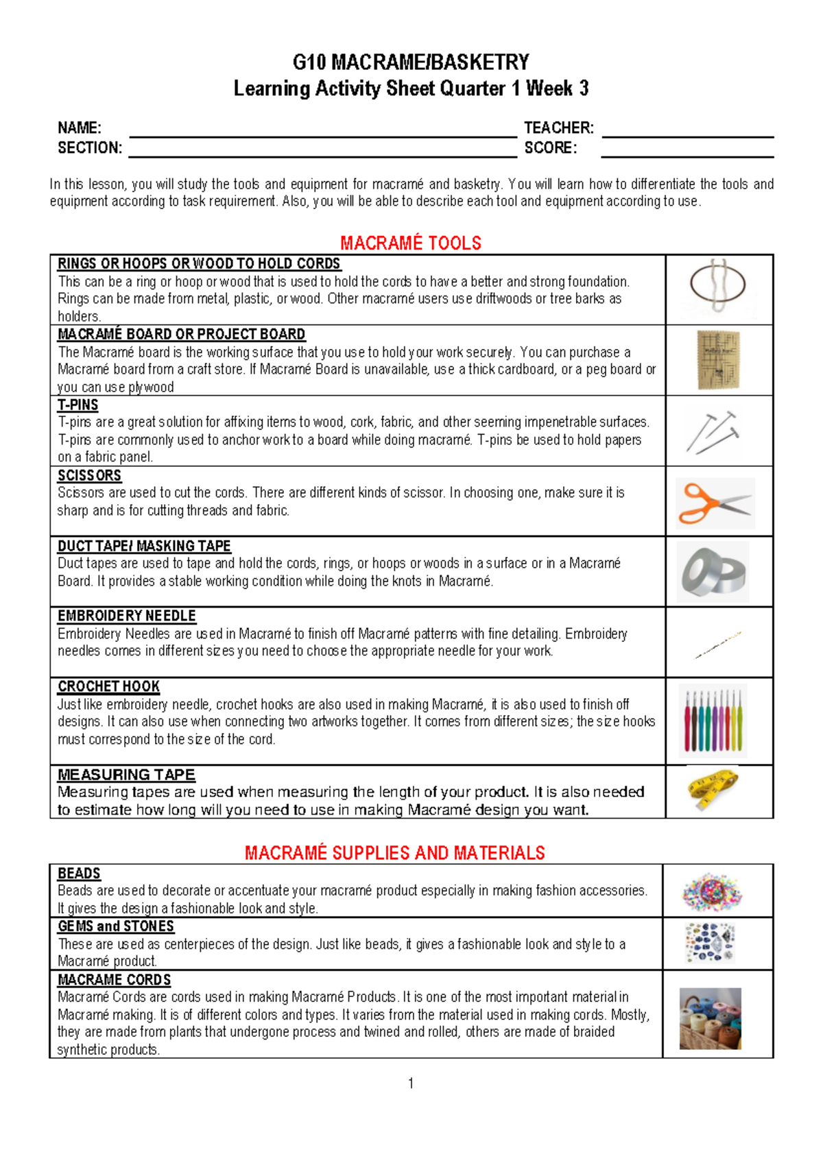 QT 1 WK 3 LAS G10 Basketry G10 MACRAME/BASKETRY Learning Activity