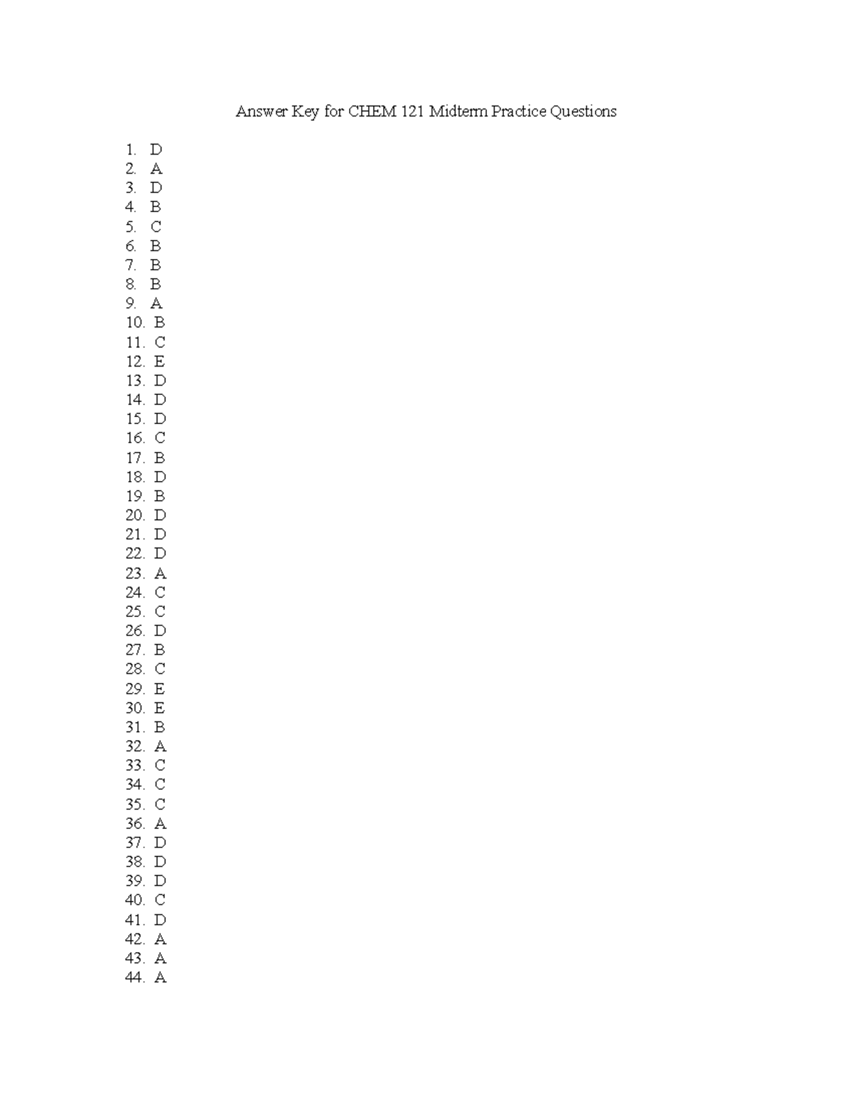 CHEM 121 Practice Questions Answer Key 2018 - CHEM 121 - Answer Key For ...