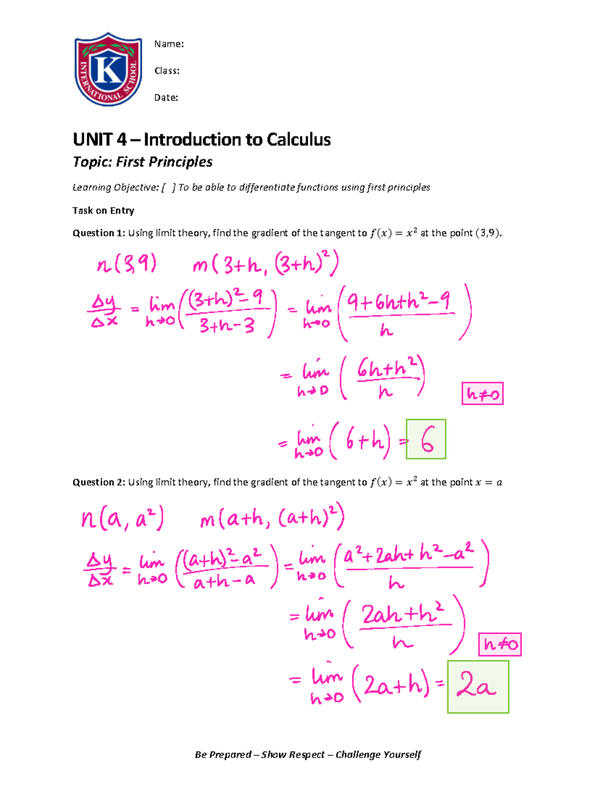 Unit 4 - First Principles - TN - Name: Class: Date: UNIT 4 3 ...