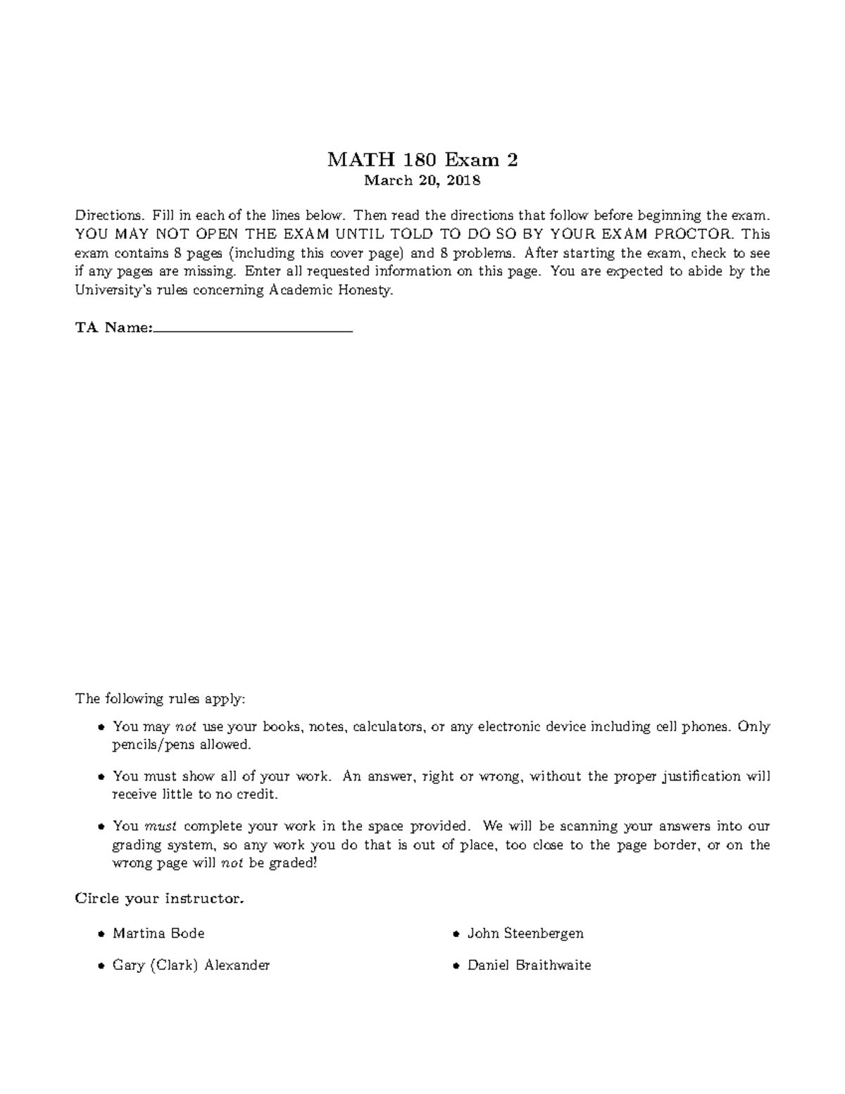 Math180 second spring 2018 - MATH 180 Exam 2 March 20, 2018 Directions ...