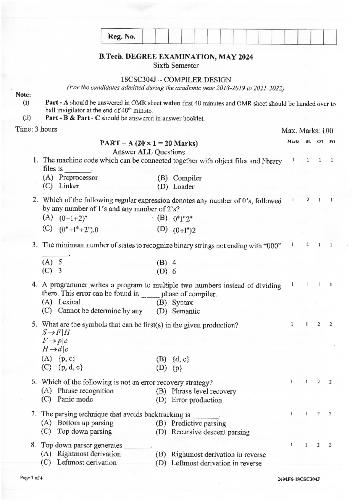 Cd1 - PYQ - Reg. No. B. DEGREE EXAMINATION, MAY 2024 Sixth Semester ...