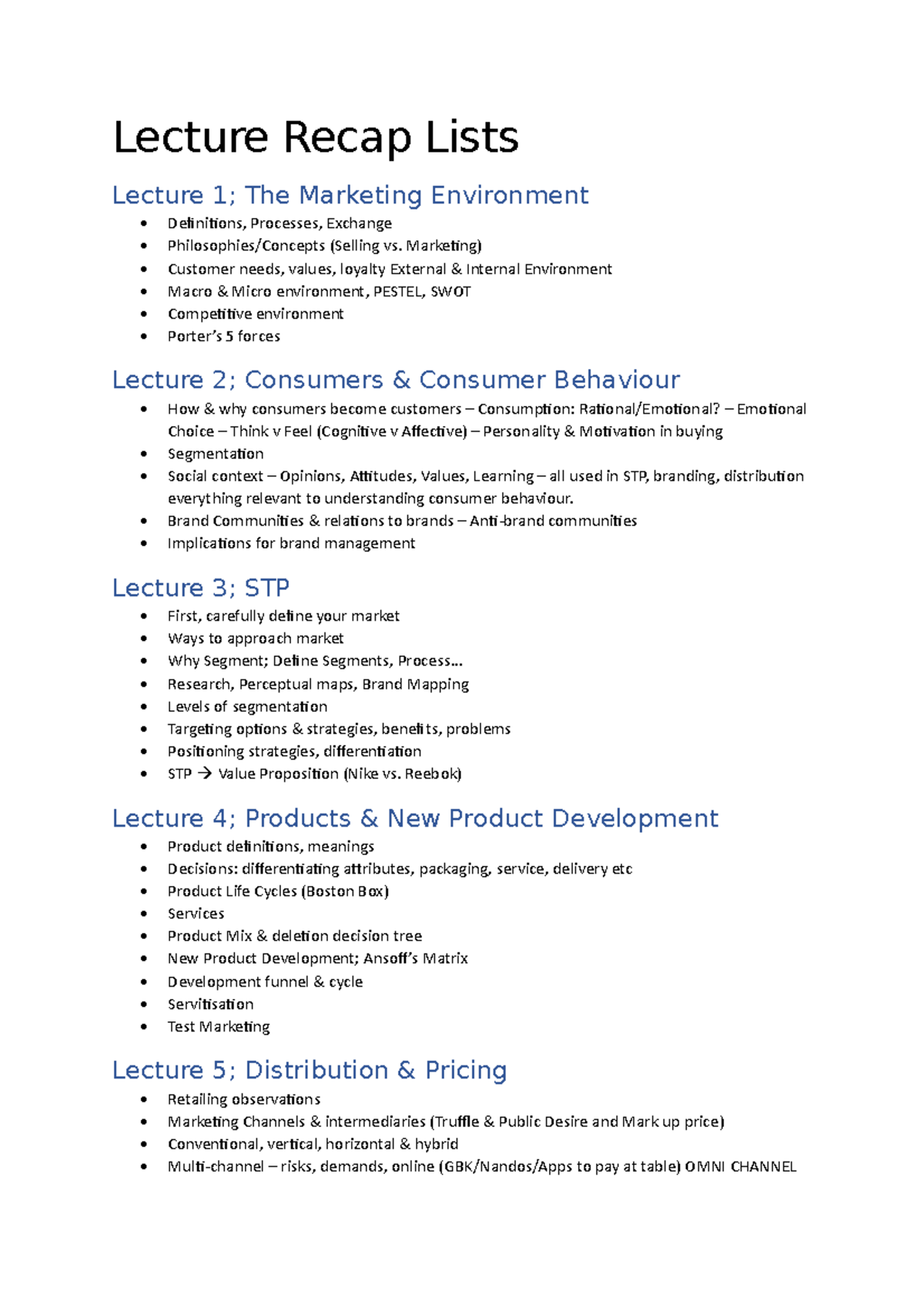 Lecture Recap Lists - Lecture Recap Lists Lecture 1; The Marketing ...