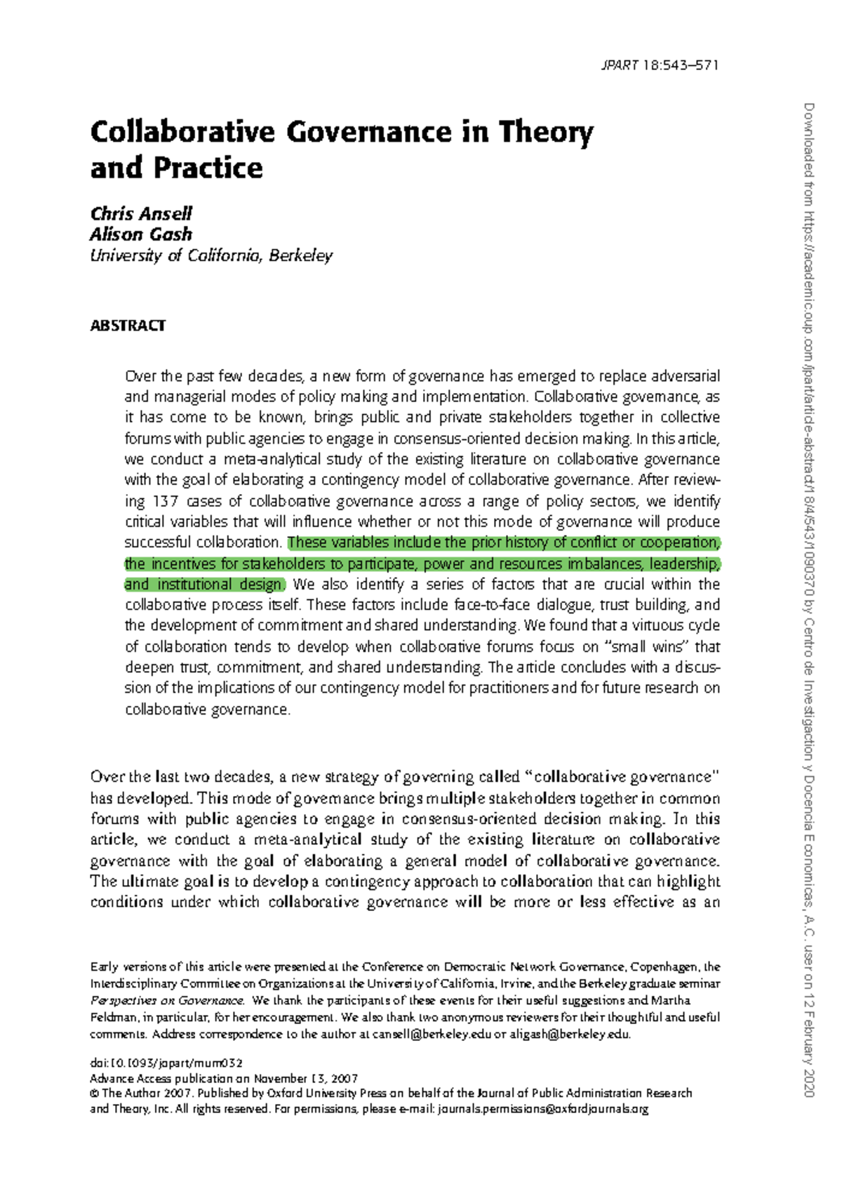 Ansell and Gash - Collaborative Governance in Theory and Practice Chris ...