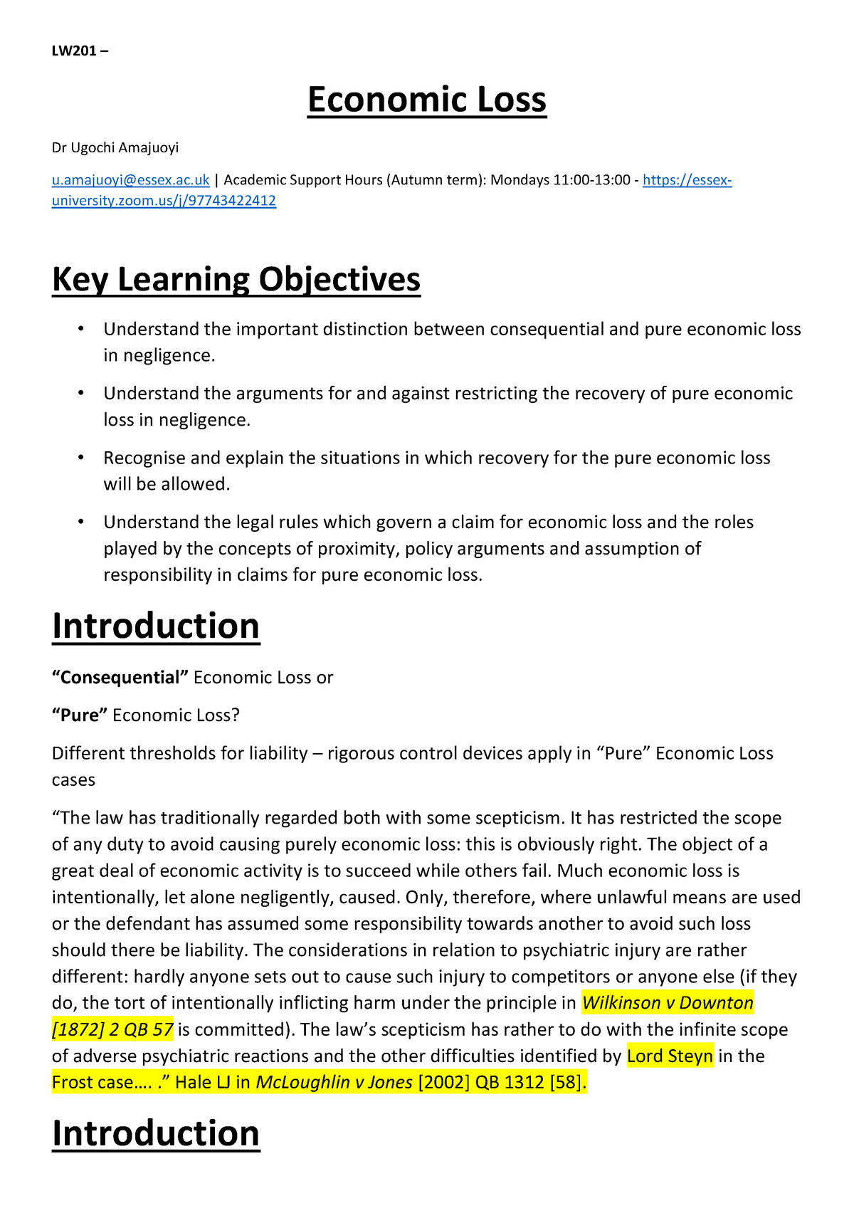 case study on economic loss