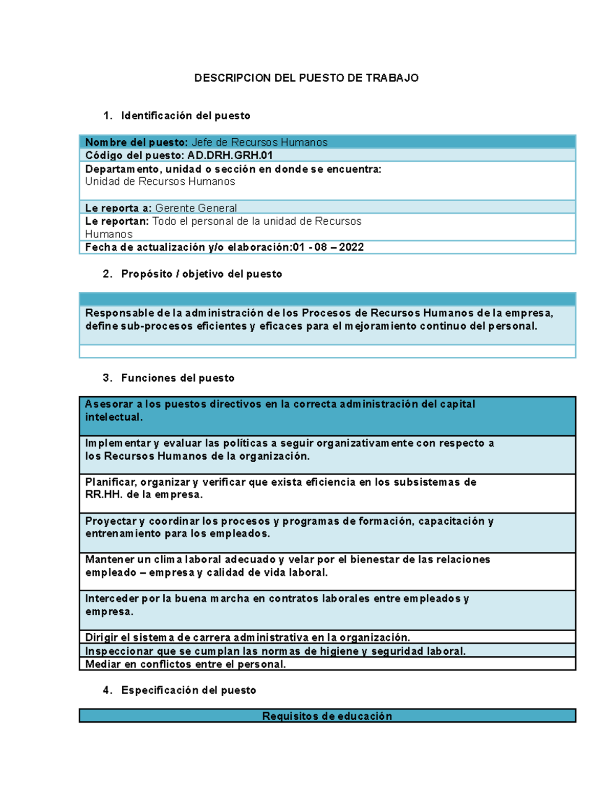 Ficha De Descripcion Del Puesto De Trabajo