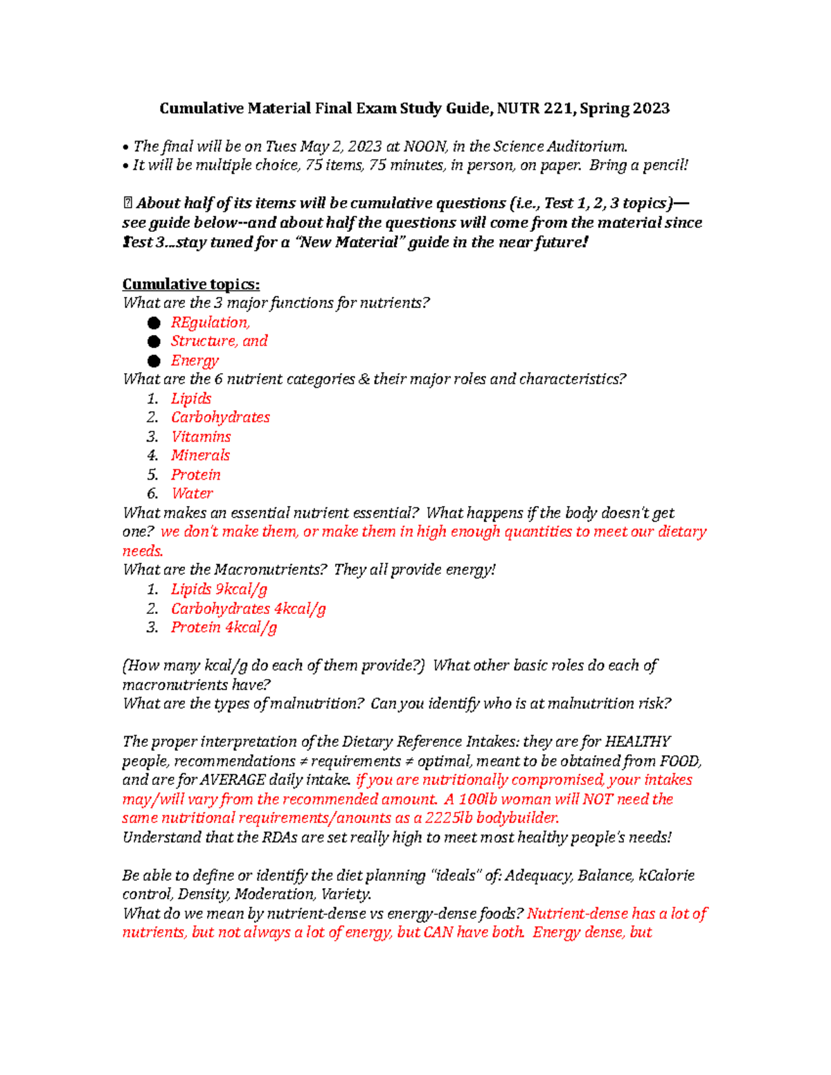 Cumulative Material for Final Exam Study Guide NUTR 221 S'2023 ...
