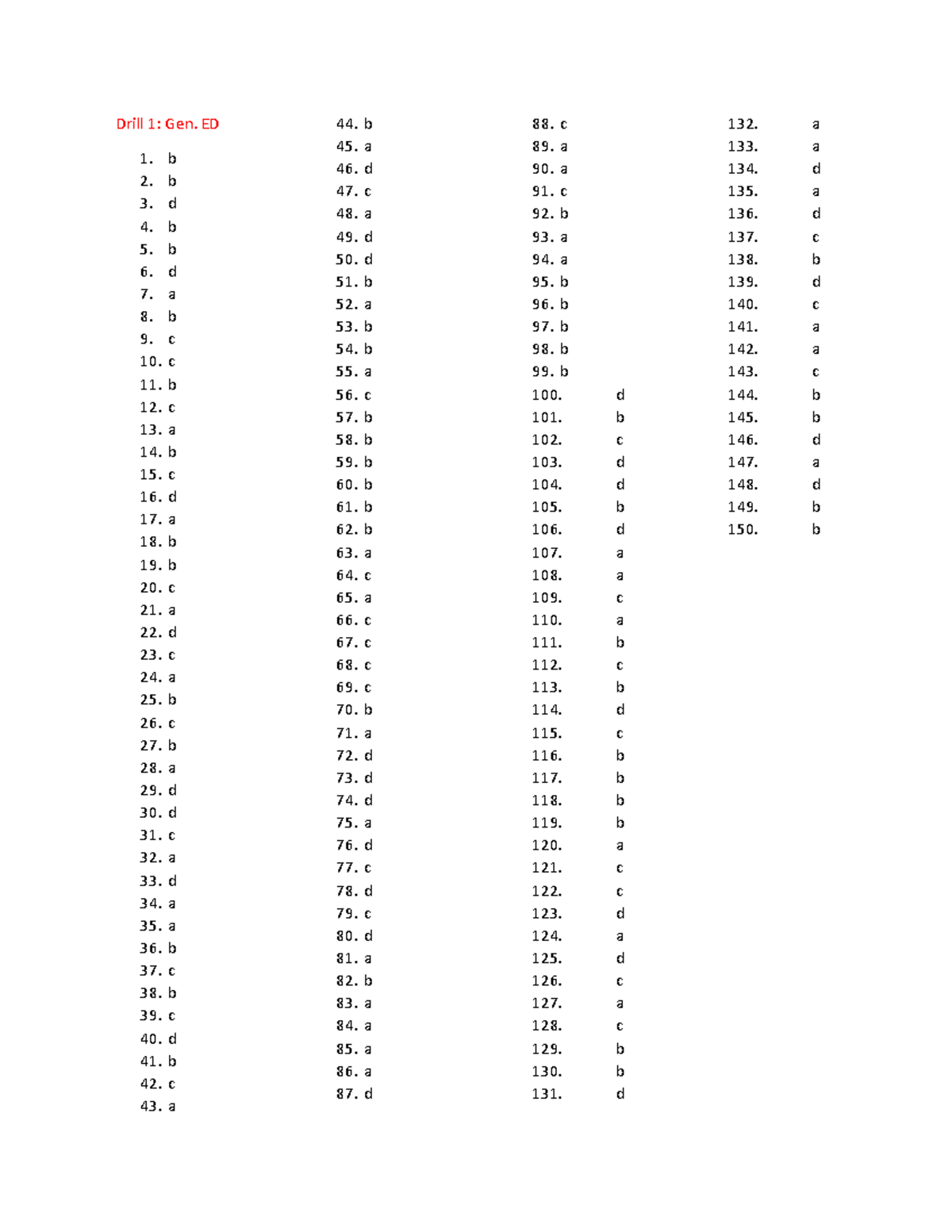 Drill-1-Gen Ed- Answer KEY - Drill 1: Gen. ED B B D B B D A B C C B C A ...